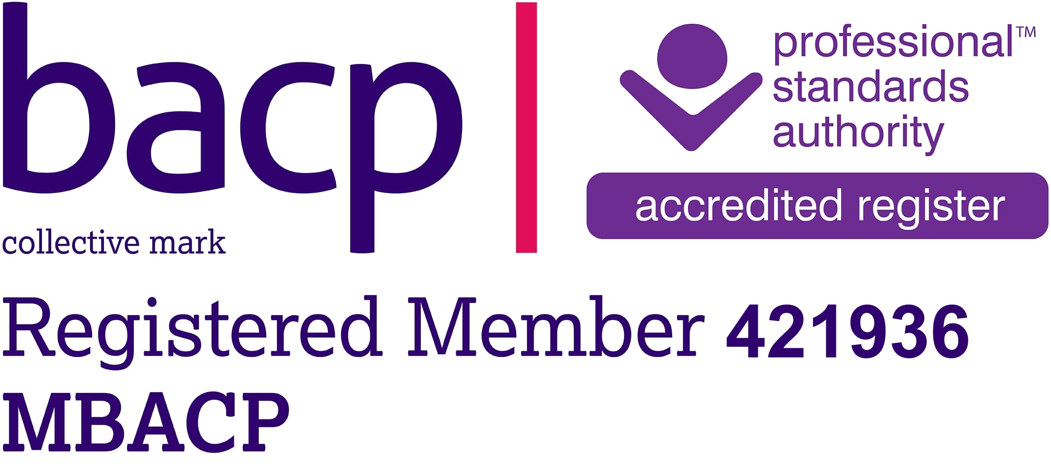 A digital graphic with the word 'bap' in large purple letters, followed by text indicating professional standards authority, accredited register, collective mark, and registration numbers, with overlapping colorful glitch effects.