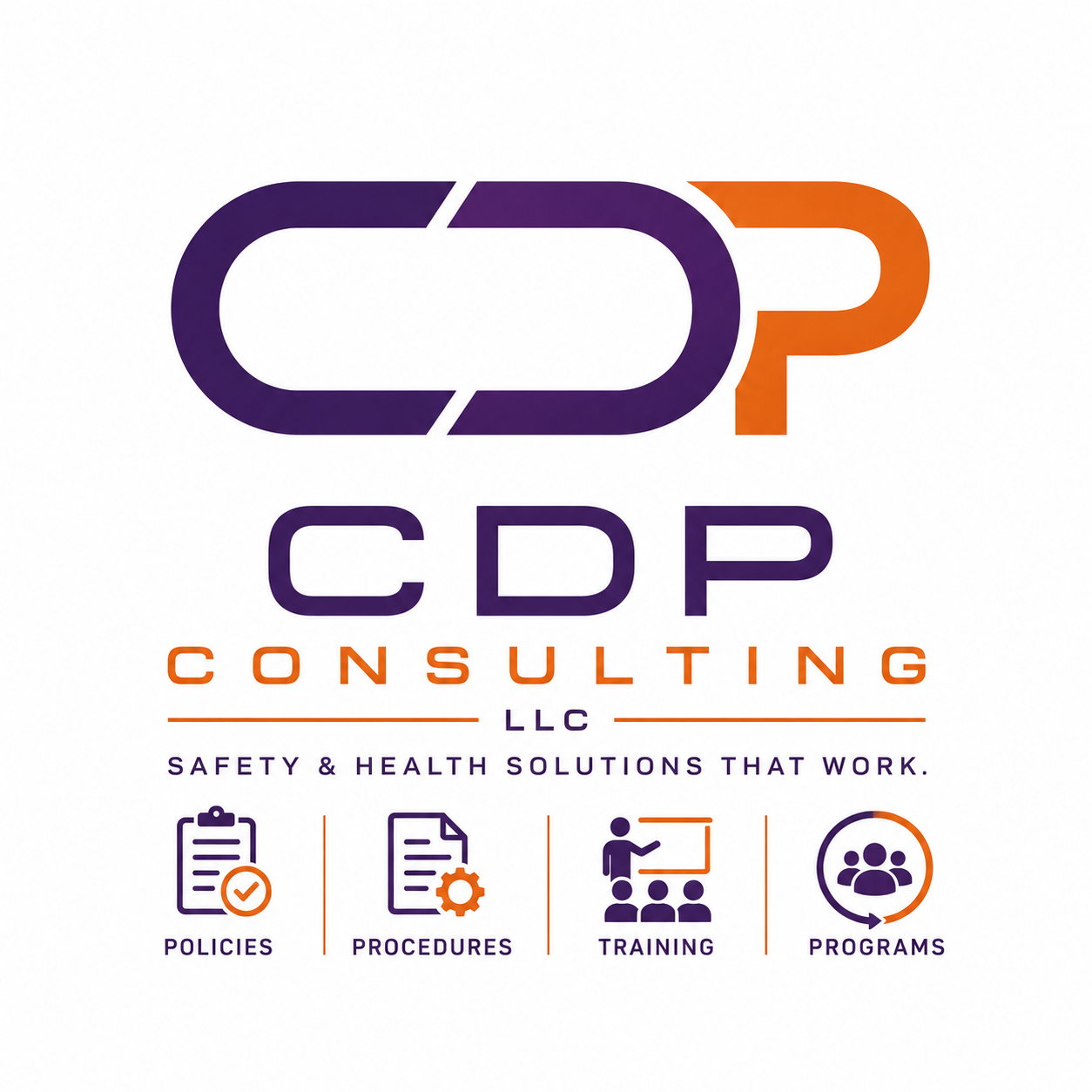 Logo of CDP Consulting featuring a stylized O and P in purple and orange, with the company name and taglines about safety and health solutions, policies, procedures, training, and programs.