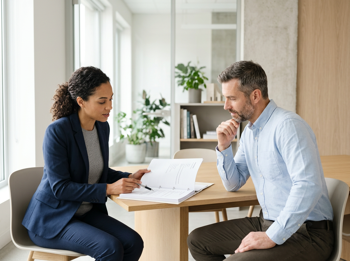 Safety consultant reviewing a written safety policy document with a client in a modern office