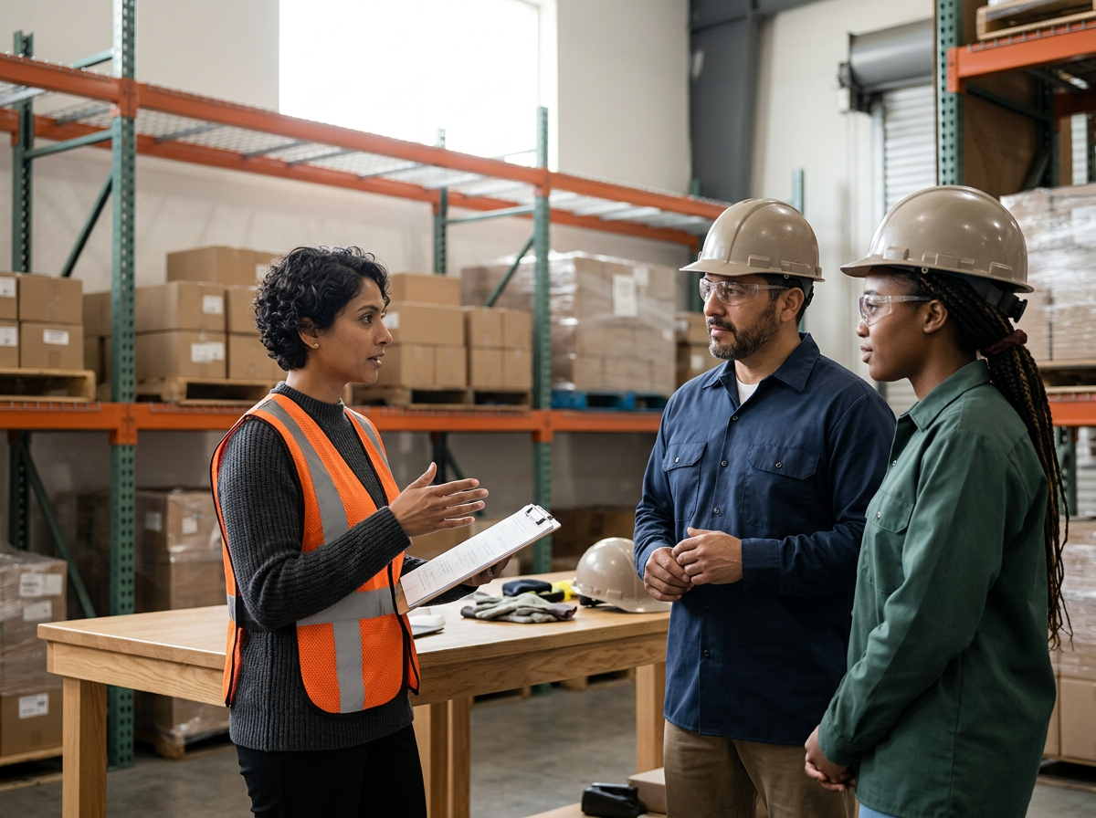 Safety trainer leading a toolbox talk safety training session with warehouse employees