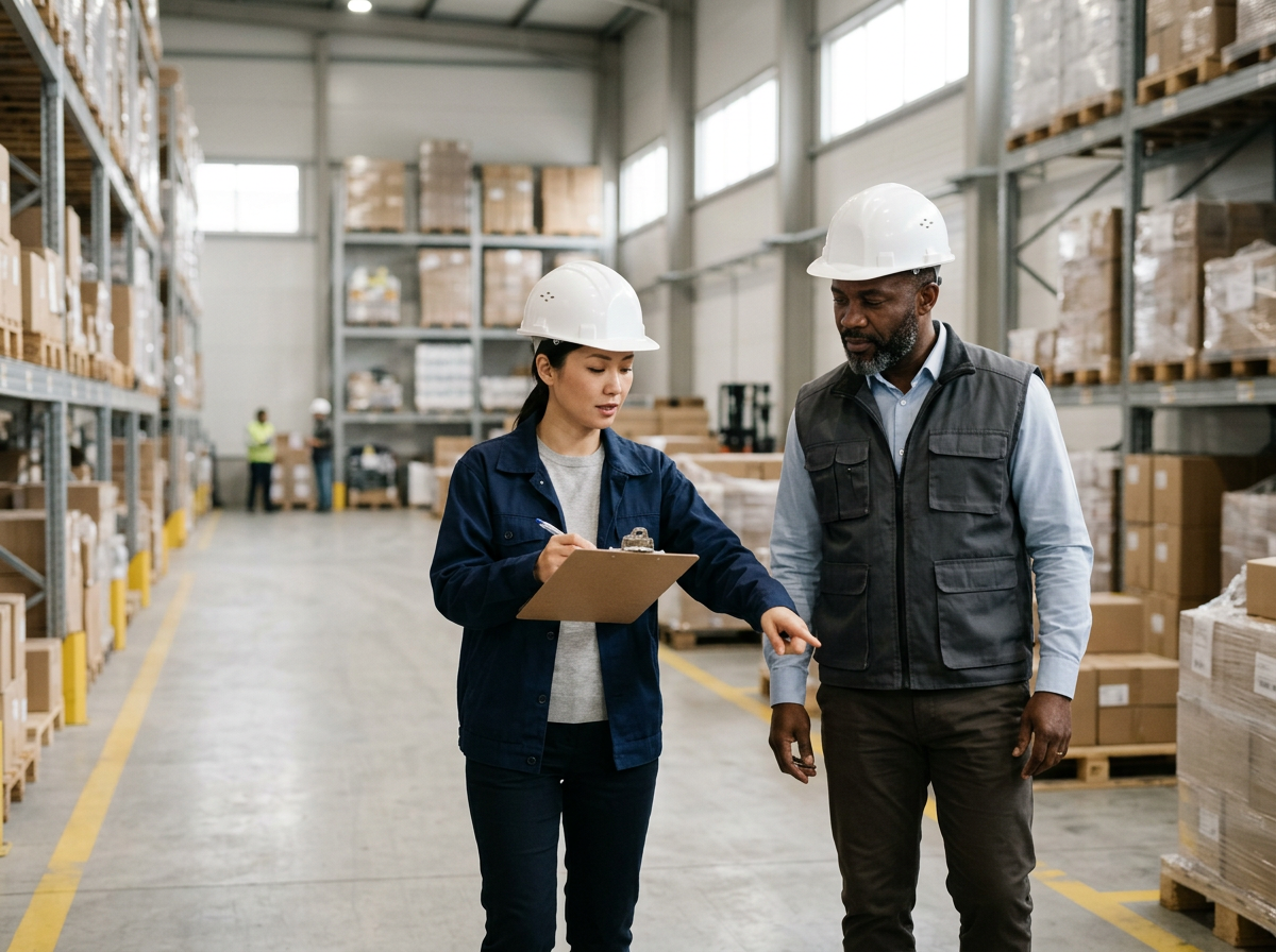 Safety consultant in a hard hat conducting a walkthrough safety audit with a facility manager in a warehouse