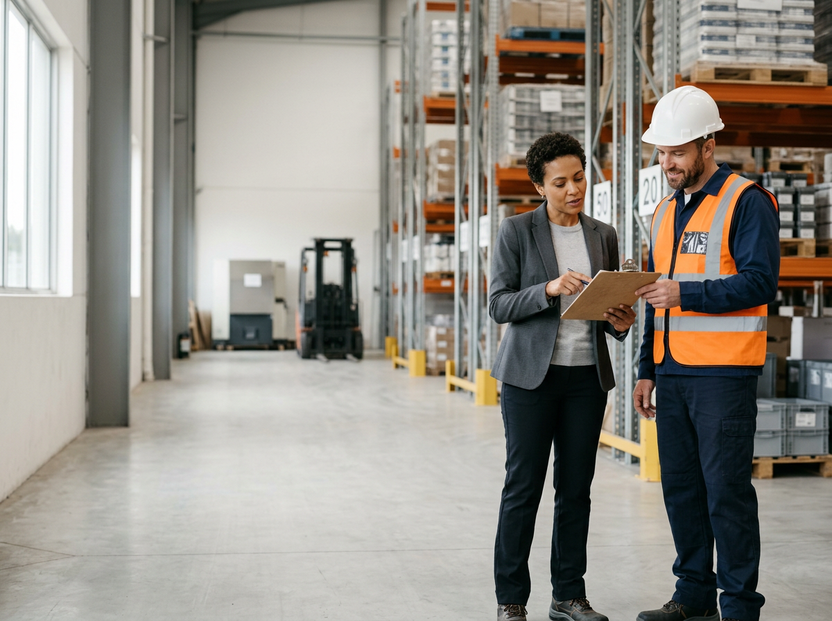 Safety consultant reviewing an inspection checklist with a warehouse manager wearing a hard hat and safety vest