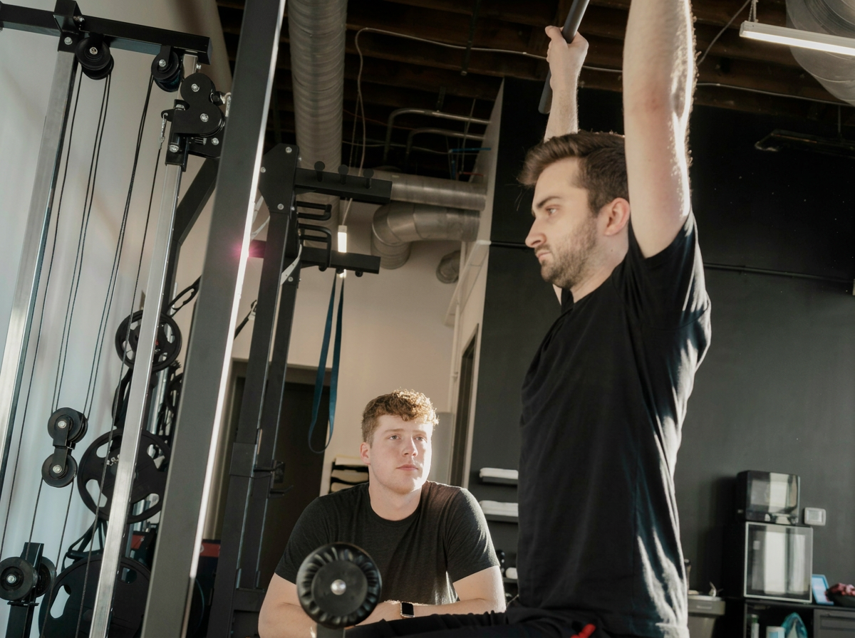 A man performs a pull-up on gym equipment while another man observes in a gym setting with fitness machines and industrial ceiling pipes.