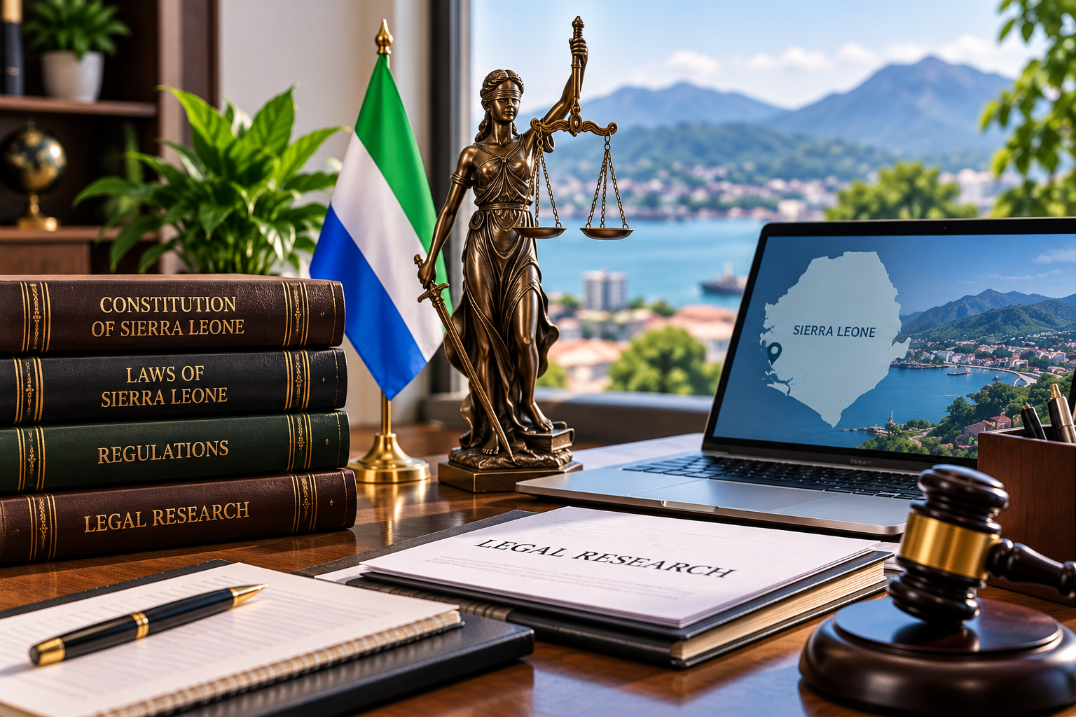 An office desk with legal books labeled "Constitution of Sierra Leone," "Laws of Sierra Leone," "Regulations," and "Legal Research," a gavel, a laptop displaying a map of Sierra Leone, a statue of Lady Justice, a Sierra Leone flag, and a notepad with a pen, with a scenic view of mountains and a body of water outside the window.