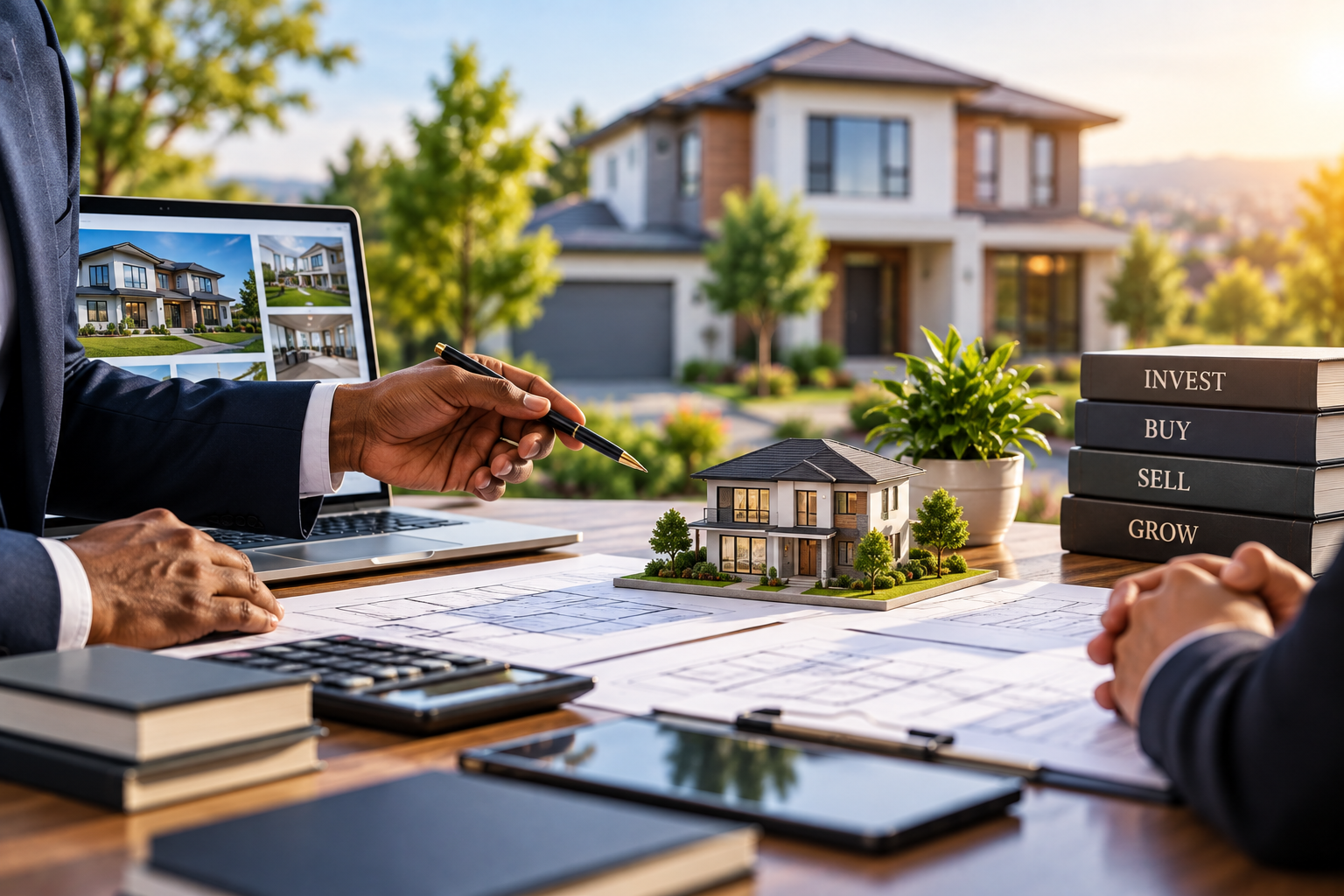 Two individuals discussing house plans at a table with a miniature house model, architectural drawings, a laptop showing real estate images, and books labeled 'Invest,' 'Buy,' 'Sell,' and 'Grow' with a background of a house and trees.