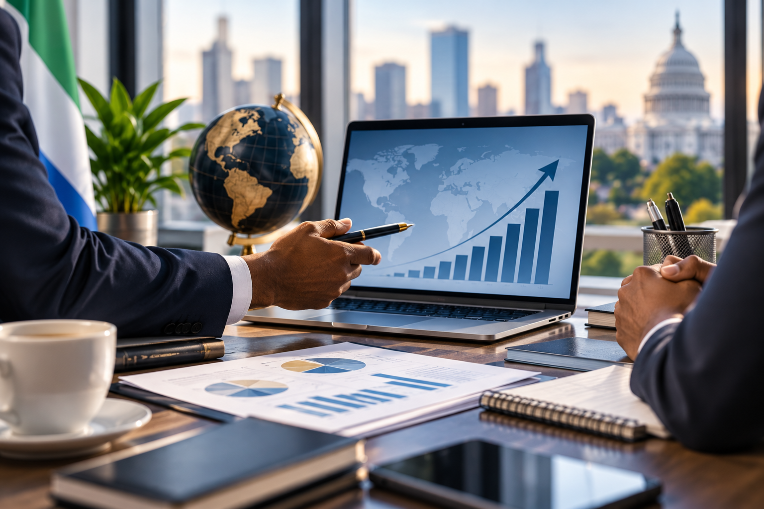 Two business professionals in suits are having a meeting in a modern office with a city skyline view. One person is pointing at a laptop screen displaying a rising bar graph. The table is cluttered with documents, notebooks, pens, a smartphone, a coffee cup, and a globe.