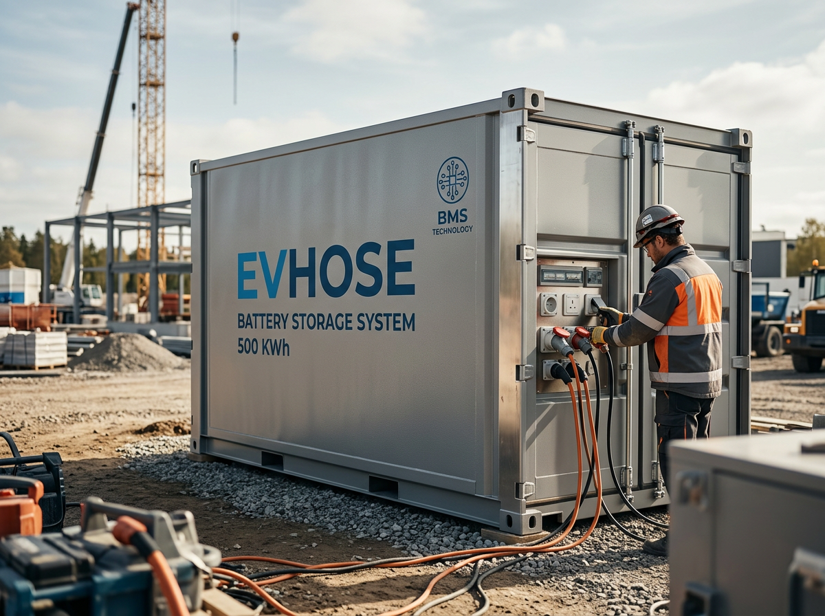 A worker operating a battery storage system labeled EVHOSE at a construction site, with construction equipment and a crane in the background.