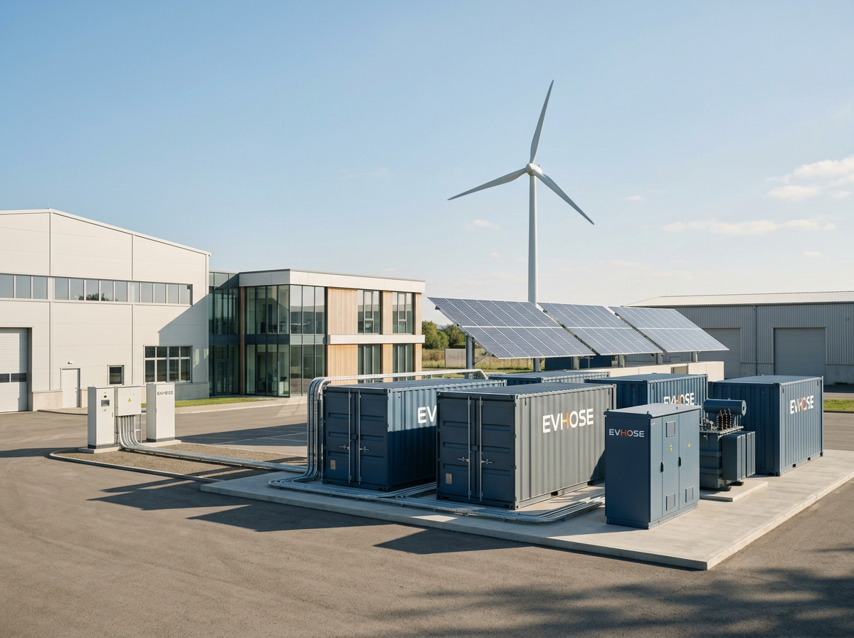 An outdoor renewable energy installation featuring a wind turbine, solar panels, and energy storage containers next to a modern building.