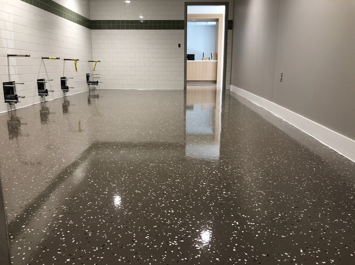 Empty room with polished speckled gray floor, white tiled wall with green trim, and open doorway to another room with wooden furniture.