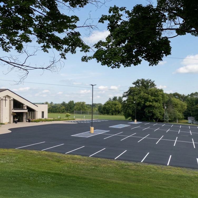 Empty parking lot with freshly painted white lines, adjacent to a modern church building, surrounded by green trees and a grassy area under a blue sky with some clouds.