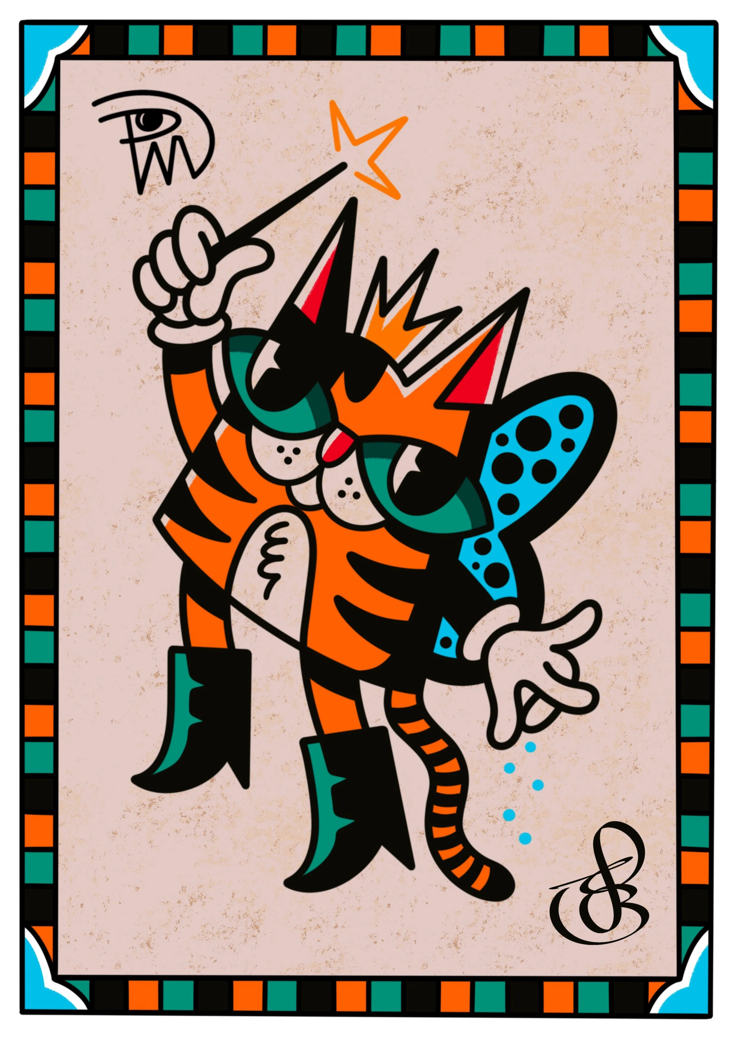 A colorful illustration depicting a cartoon tiger in a playful pose, holding a star-tipped magic wand, with a rounded signature in the lower right corner, bordered by a patterned frame of orange, black, turquoise, and blue segments.