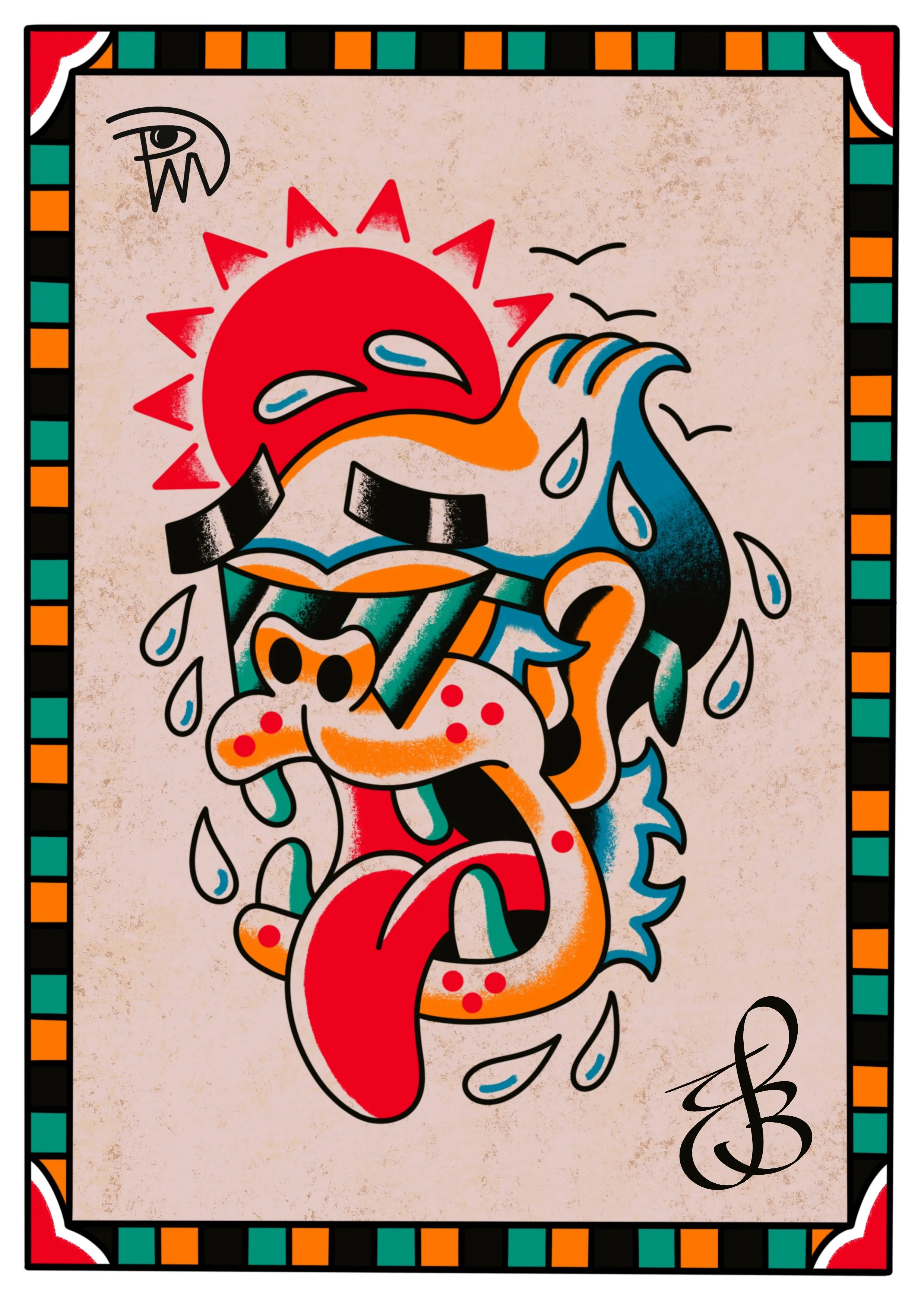 A colorful illustration of a red, orange, yellow, white, and black stylized dragon with a decorative border featuring red, turquoise, black, and orange squares and triangles.