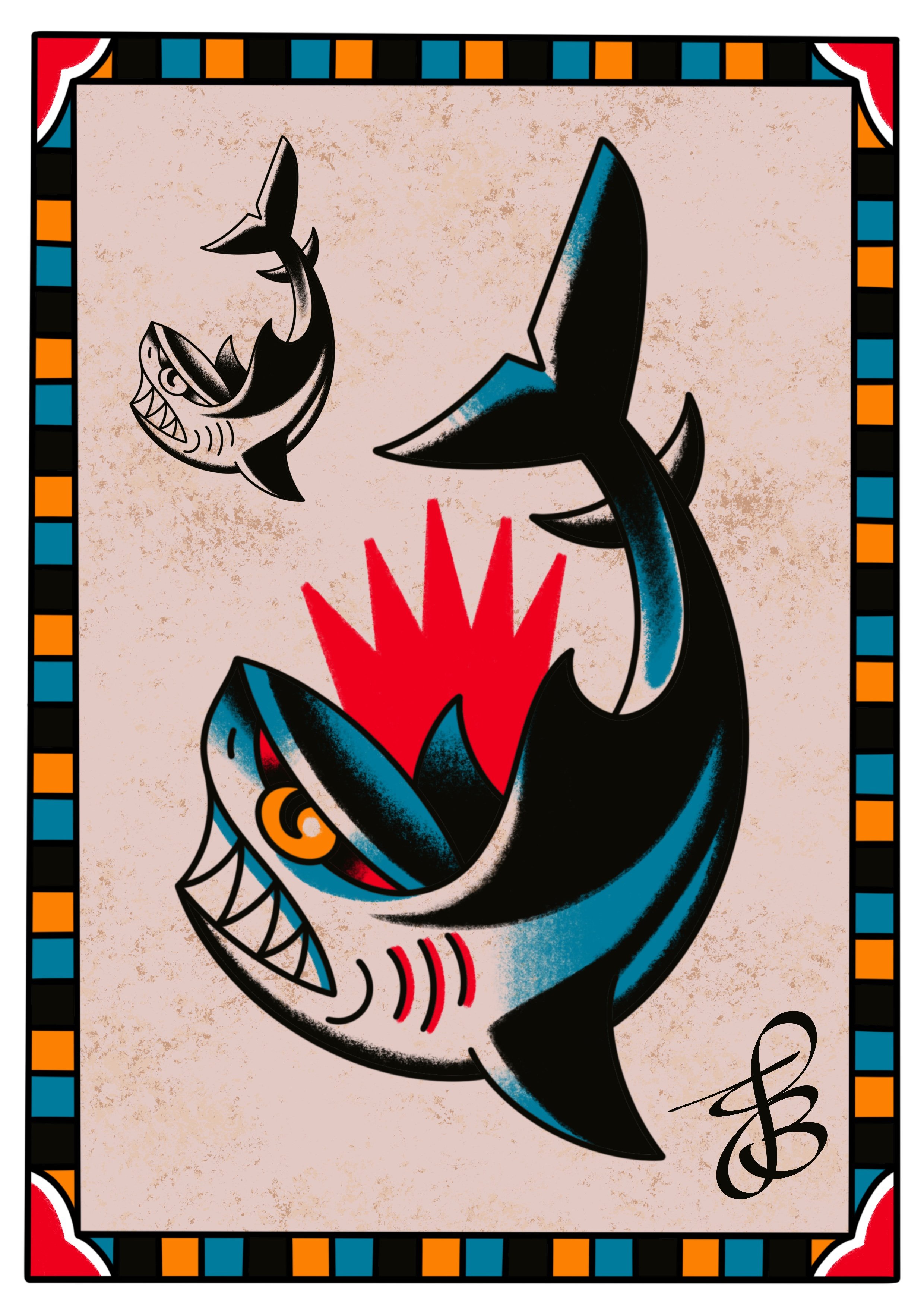 A stylized tattoo-style illustration of a jumping shark with a red explosion behind it, surrounded by a decorative border of squares and corner designs.