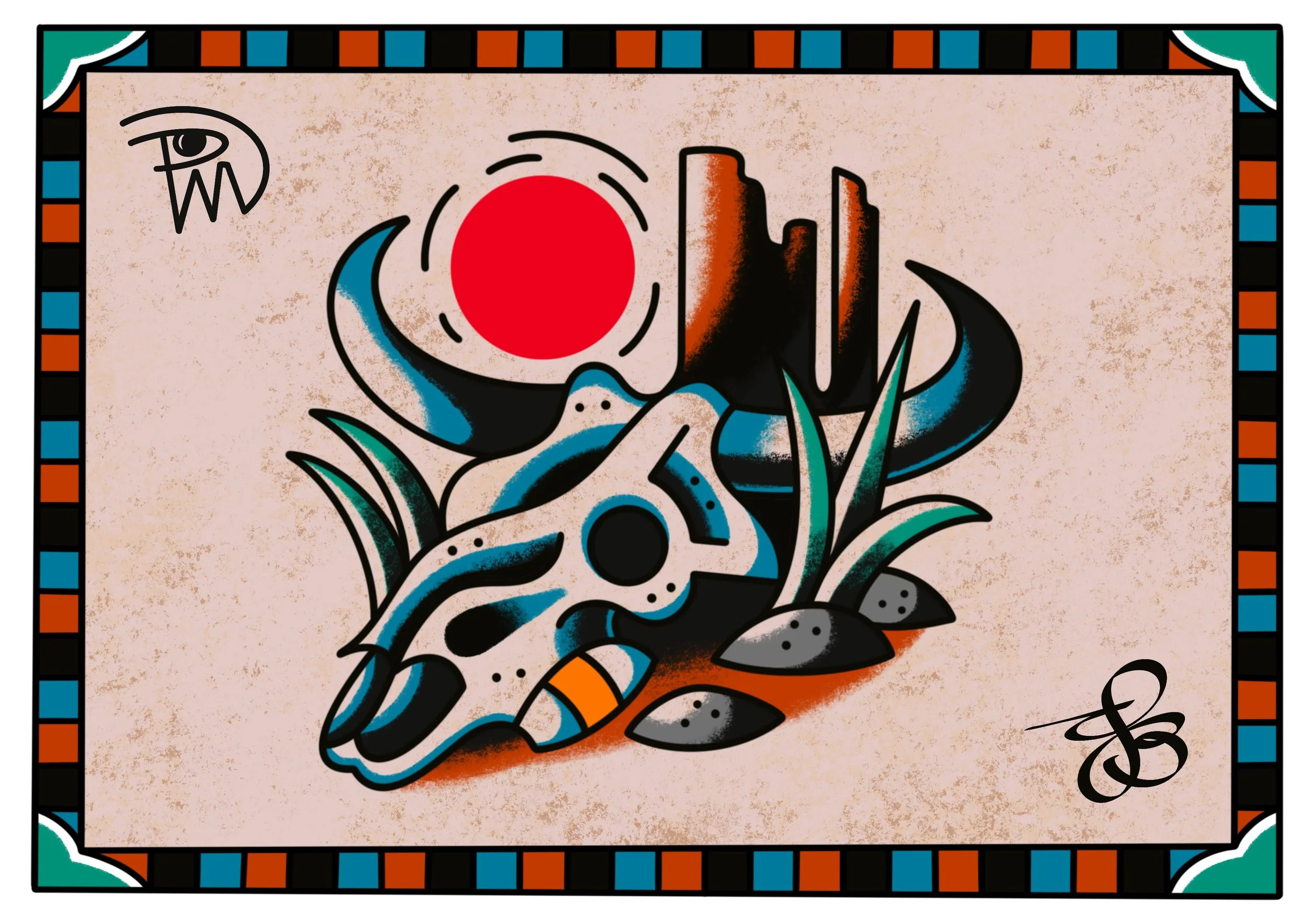 A colorful, tattoo-style illustration of a skull with a rose, leaves, and a red sun, outlined in black with vibrant blue, green, orange, and red accents, bordered by a checkered pattern in black, blue, and orange.