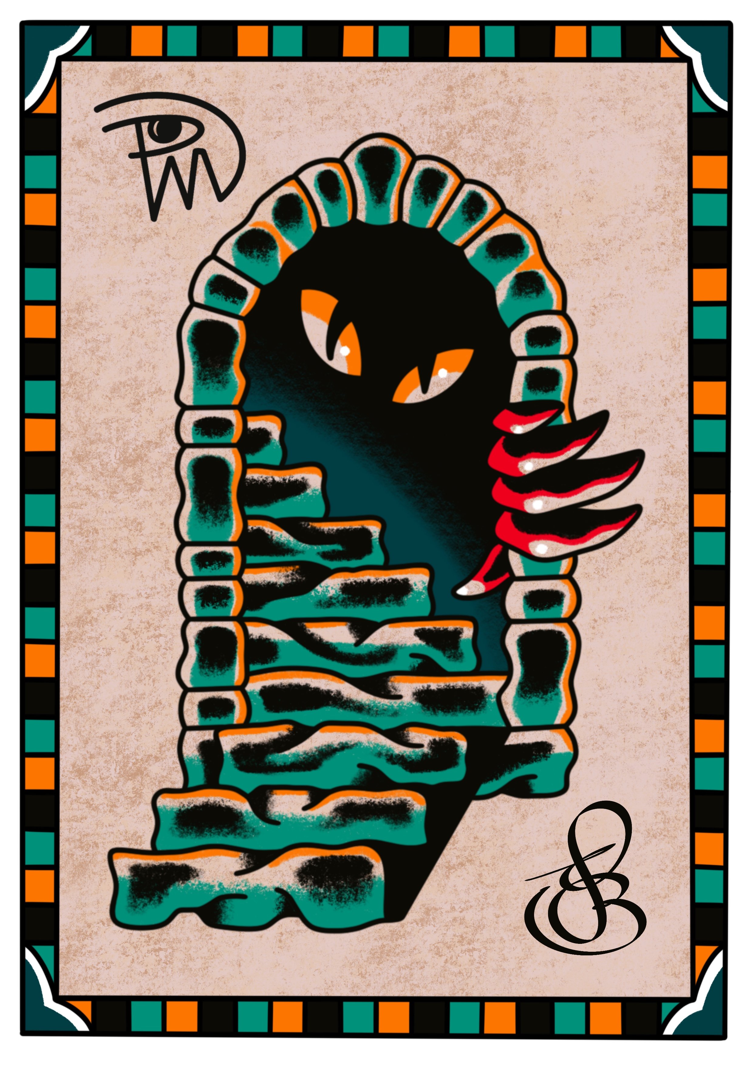 Illustration of a winding staircase in black and teal with orange outlines, set against a beige background, framed with a colorful border of black, orange, and teal. A stylized eye and face are drawn in black in the upper left corner, and a signature