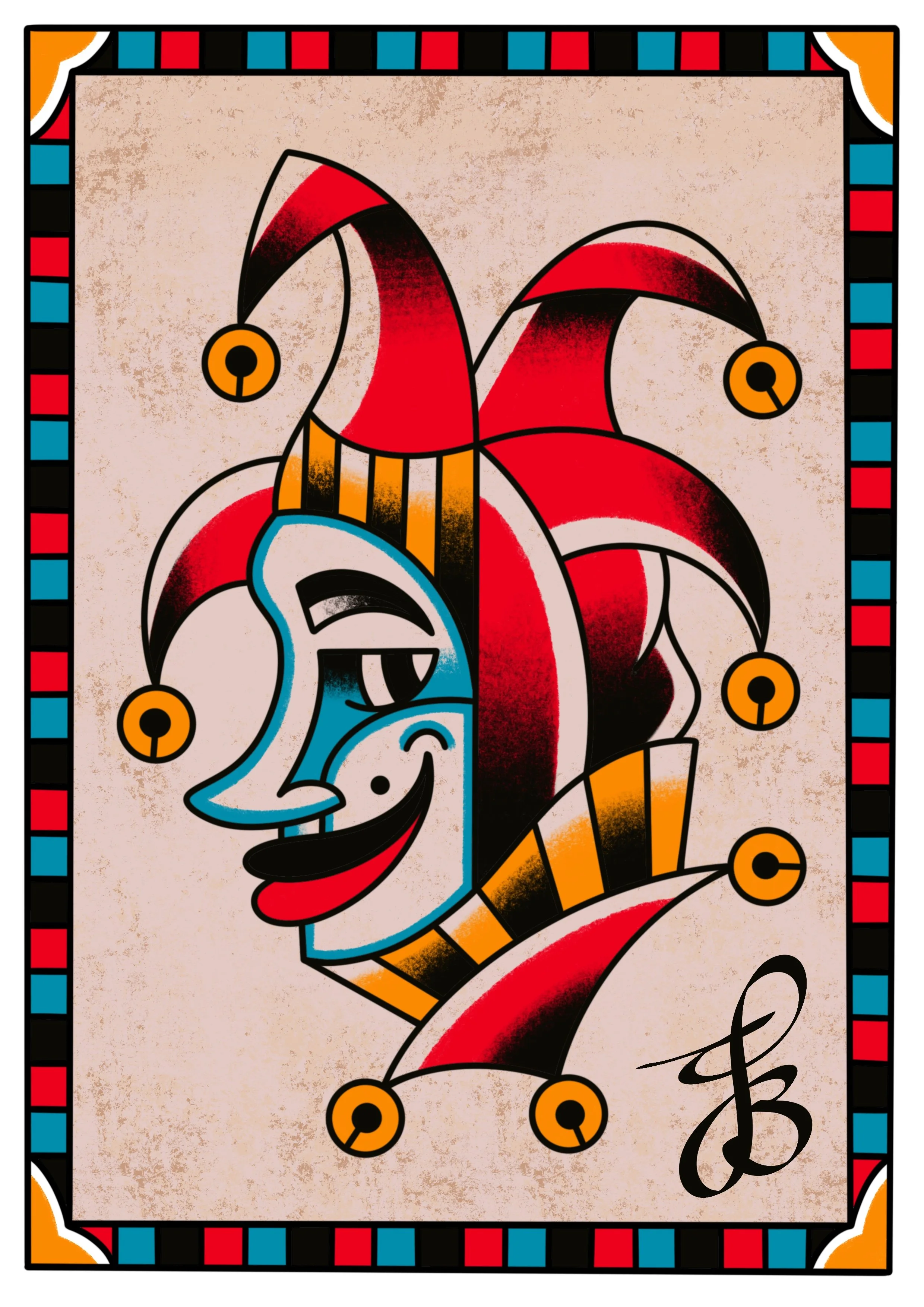 A colorful jester playing a violin, with a multicolored border and a pinkish textured background.