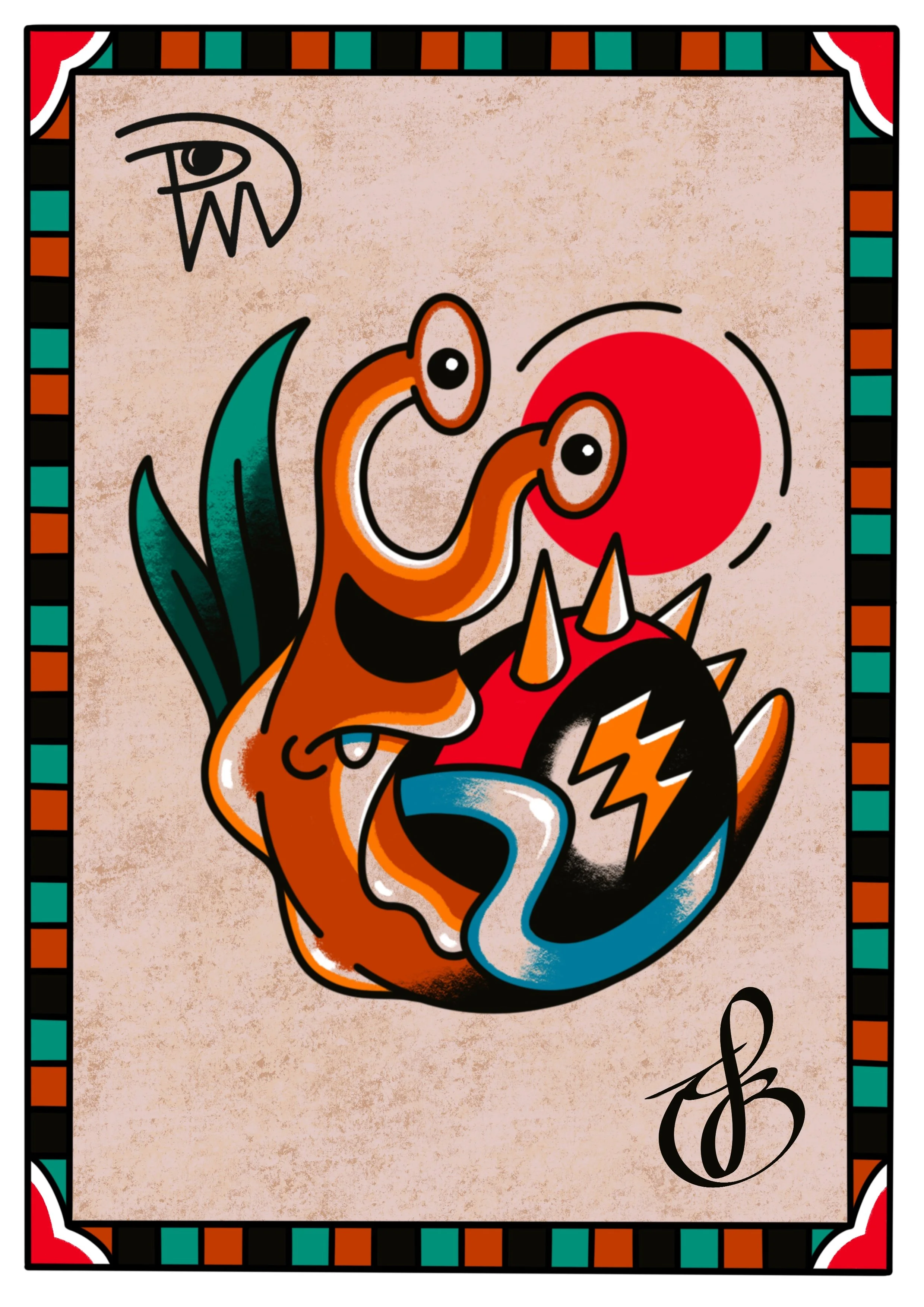 Decorative playing card featuring a colorful, stylized dragon with orange, black, and blue accents on a beige background, bordered with red, teal, orange, black, and white geometric patterns.