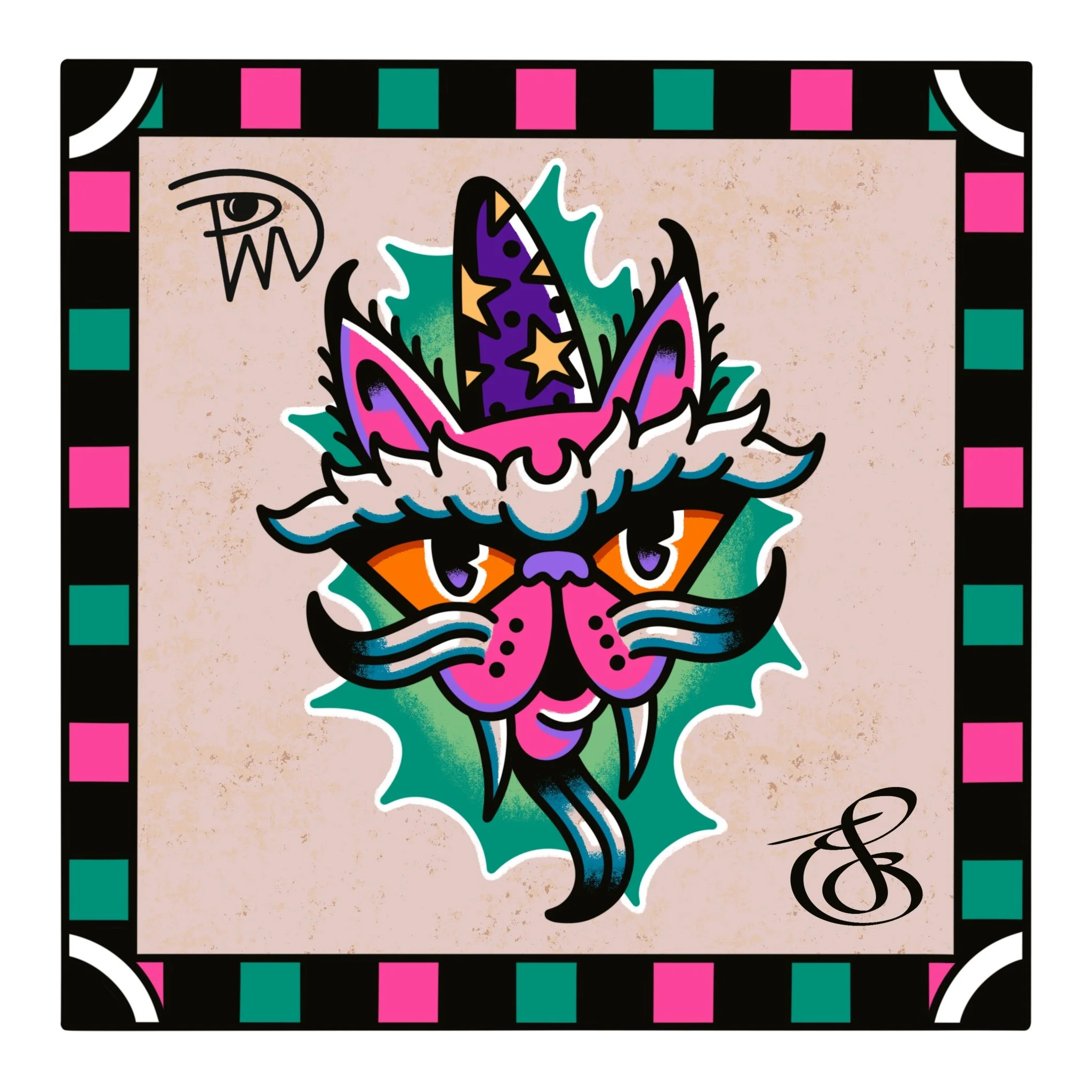 Colorful abstract illustration of a bird with stars, flames, and musical notes, framed by a border with pink, teal, and black checkered pattern.