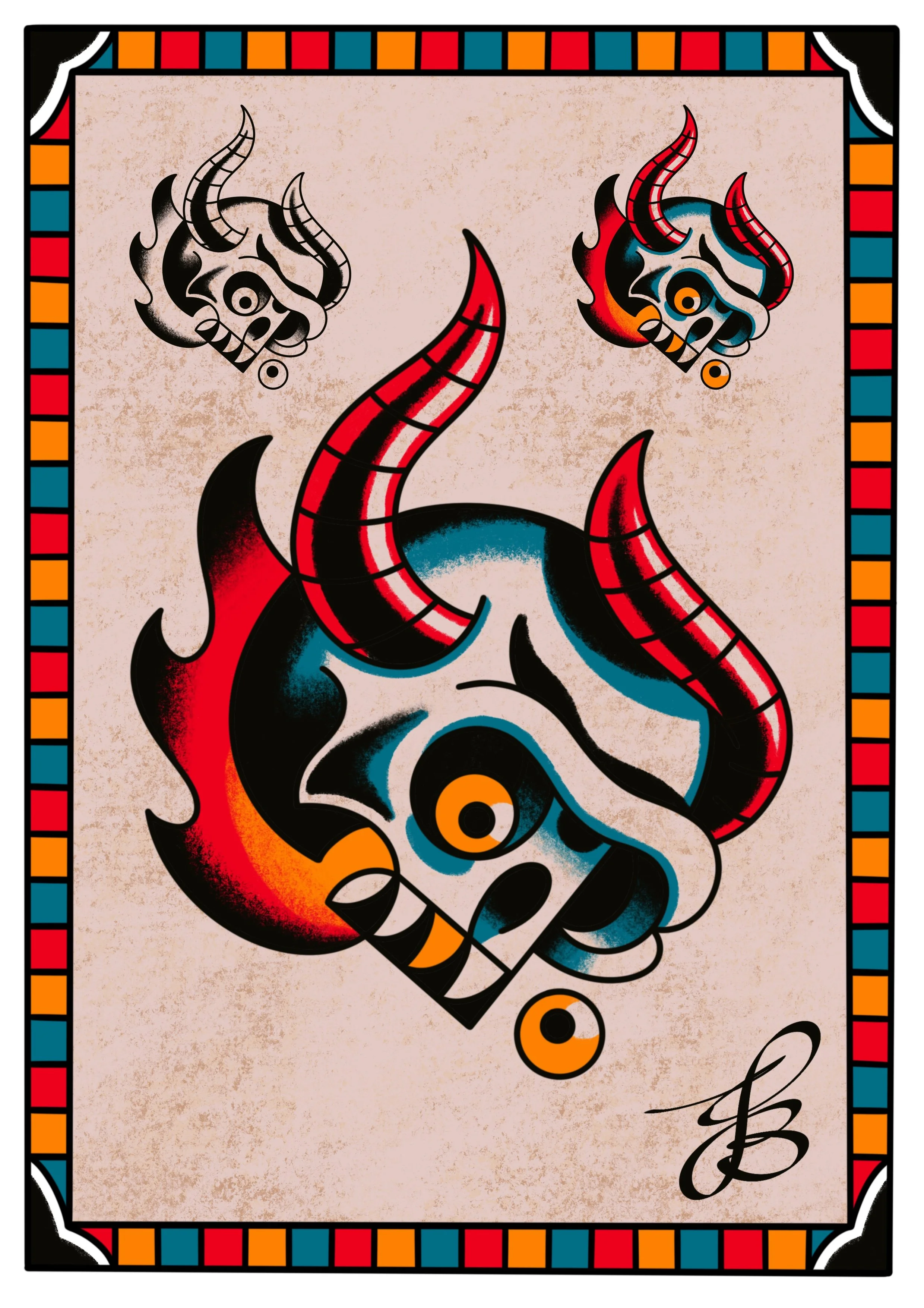 Traditional tattoo art of a fire-breathing dragon with horns, depicted in black and red, on textured beige background with a colorful checkered border.