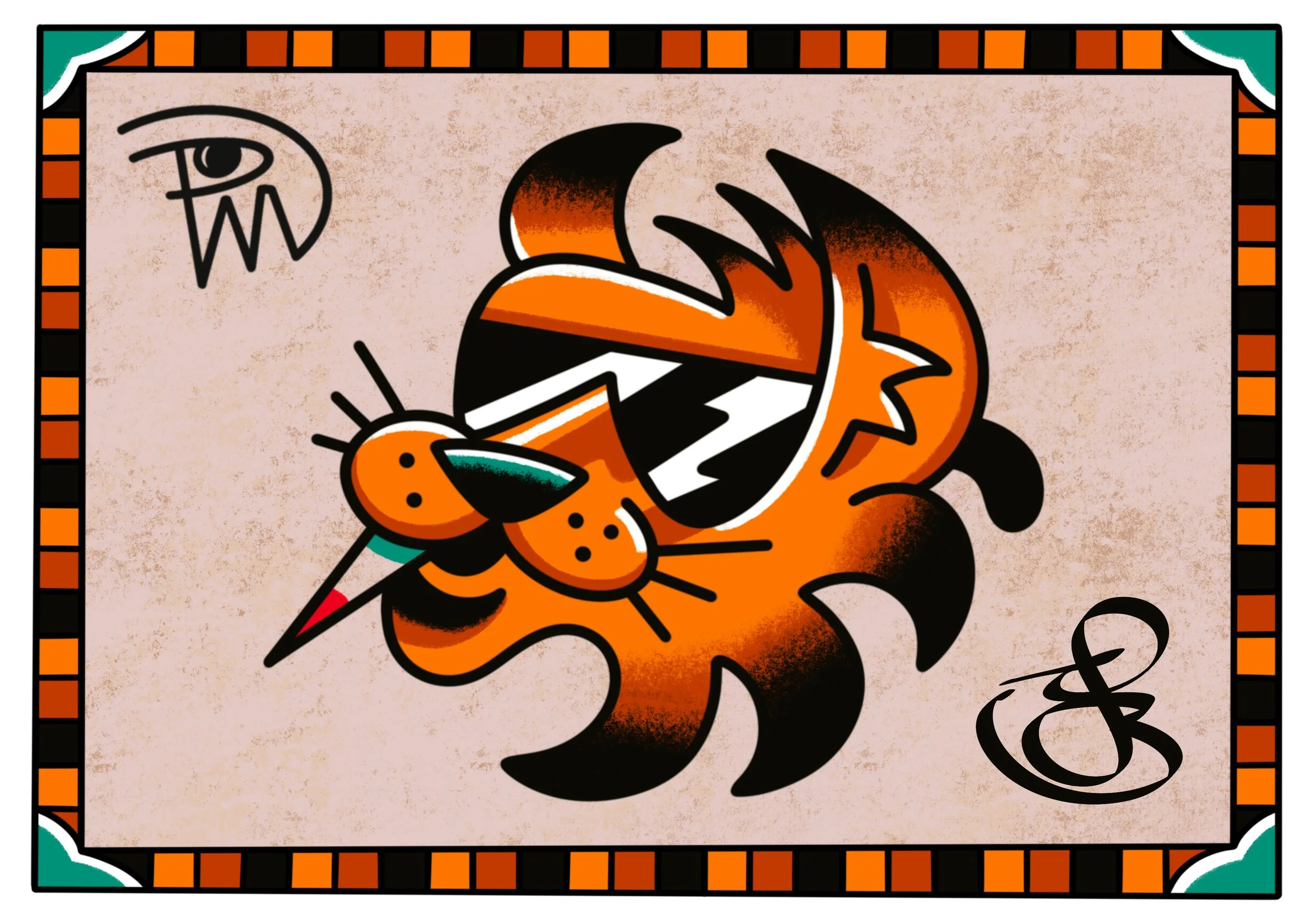 A colorful poster features a stylized cartoon orange and black tiger with bold black stripes and an expressive face. The border has orange, black, and teal geometric patterns, and there is an eye illustration in the upper left corner.