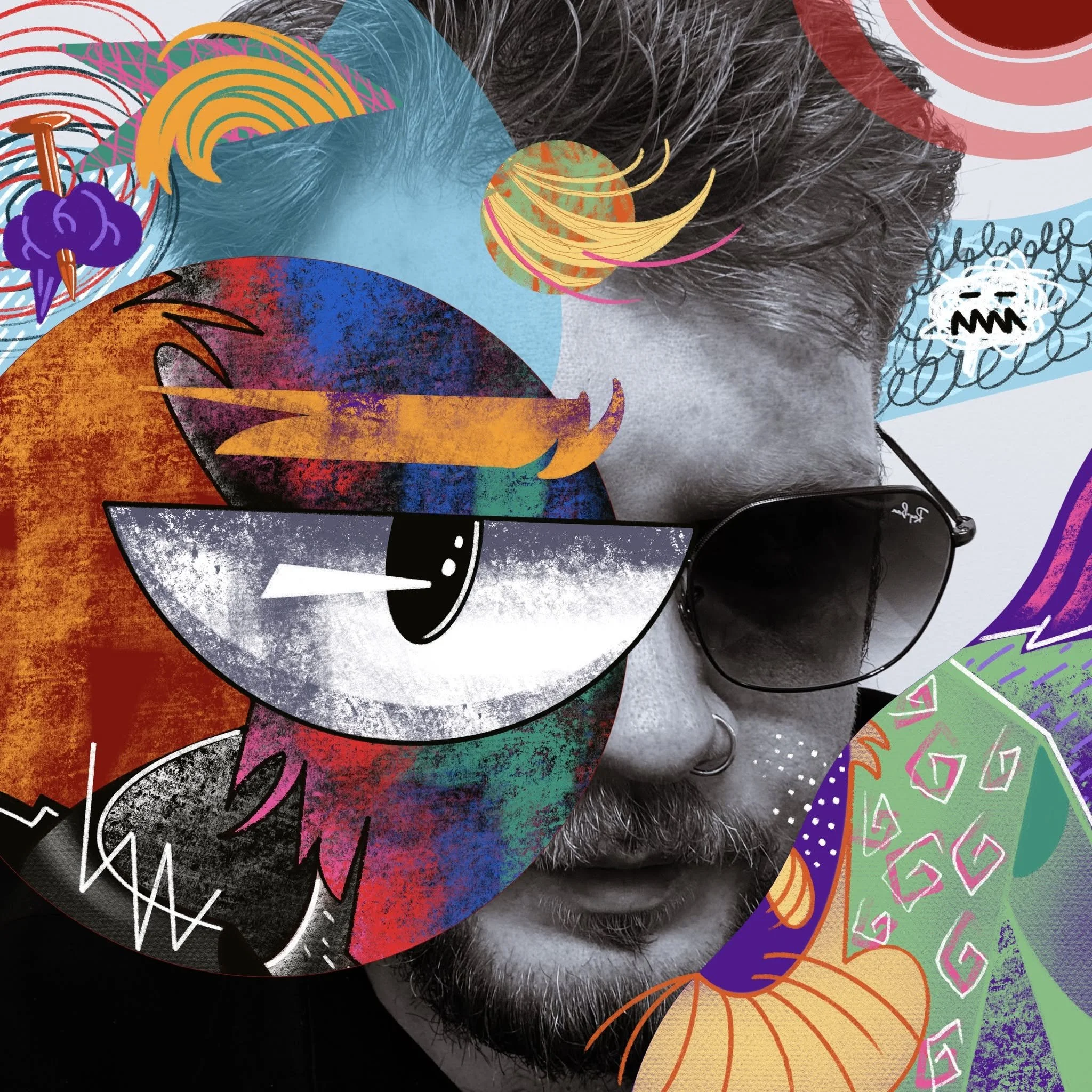 Close-up of a person's head with gray hair, surrounded by colorful, abstract, doodle-style illustrations including hearts, spirals, and squiggly lines.