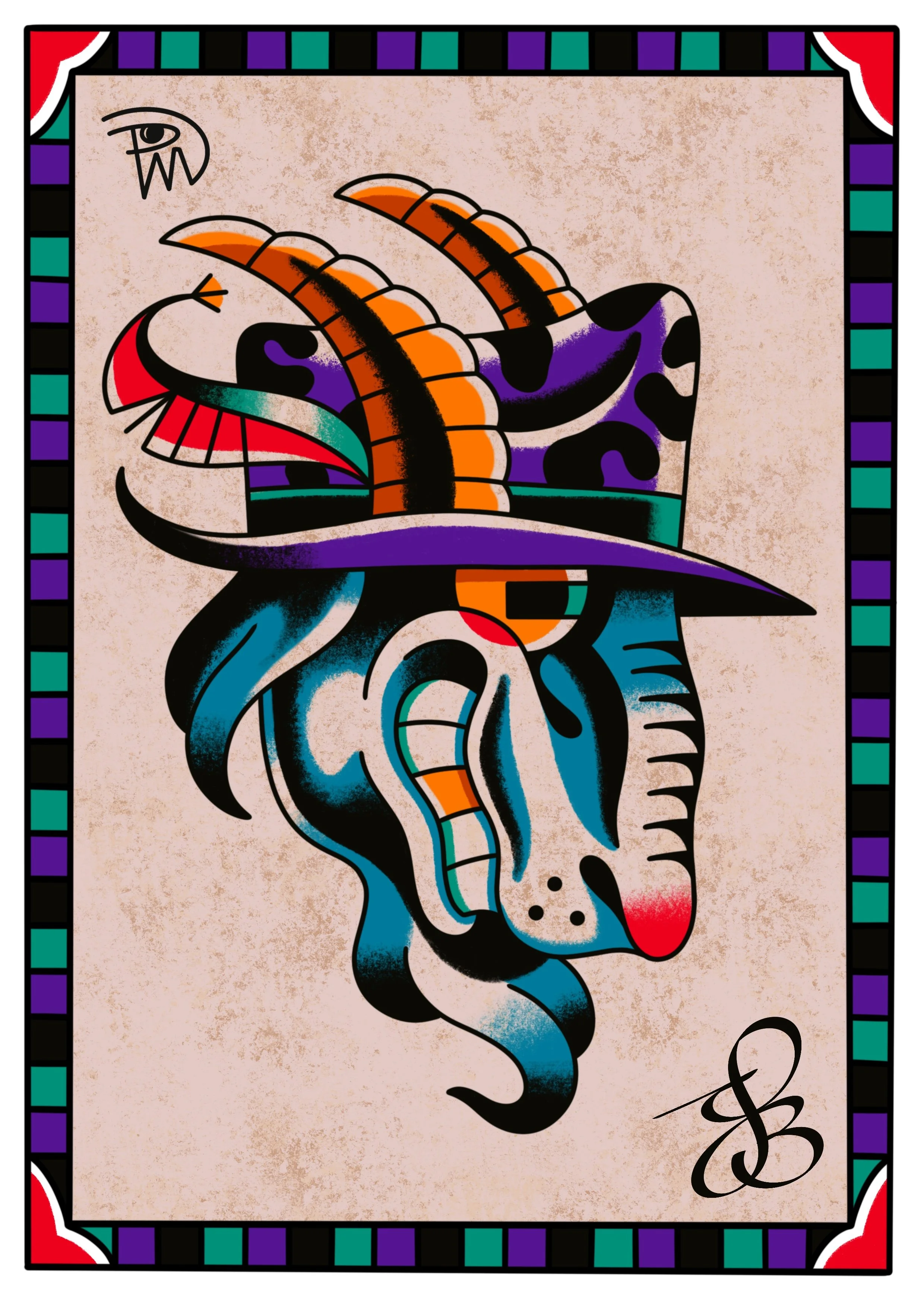 Colorful abstract artwork with bold shapes and lines, featuring a combination of red, purple, blue, orange, and black colors, surrounded by a geometric border with teal, purple, black, and red accents.