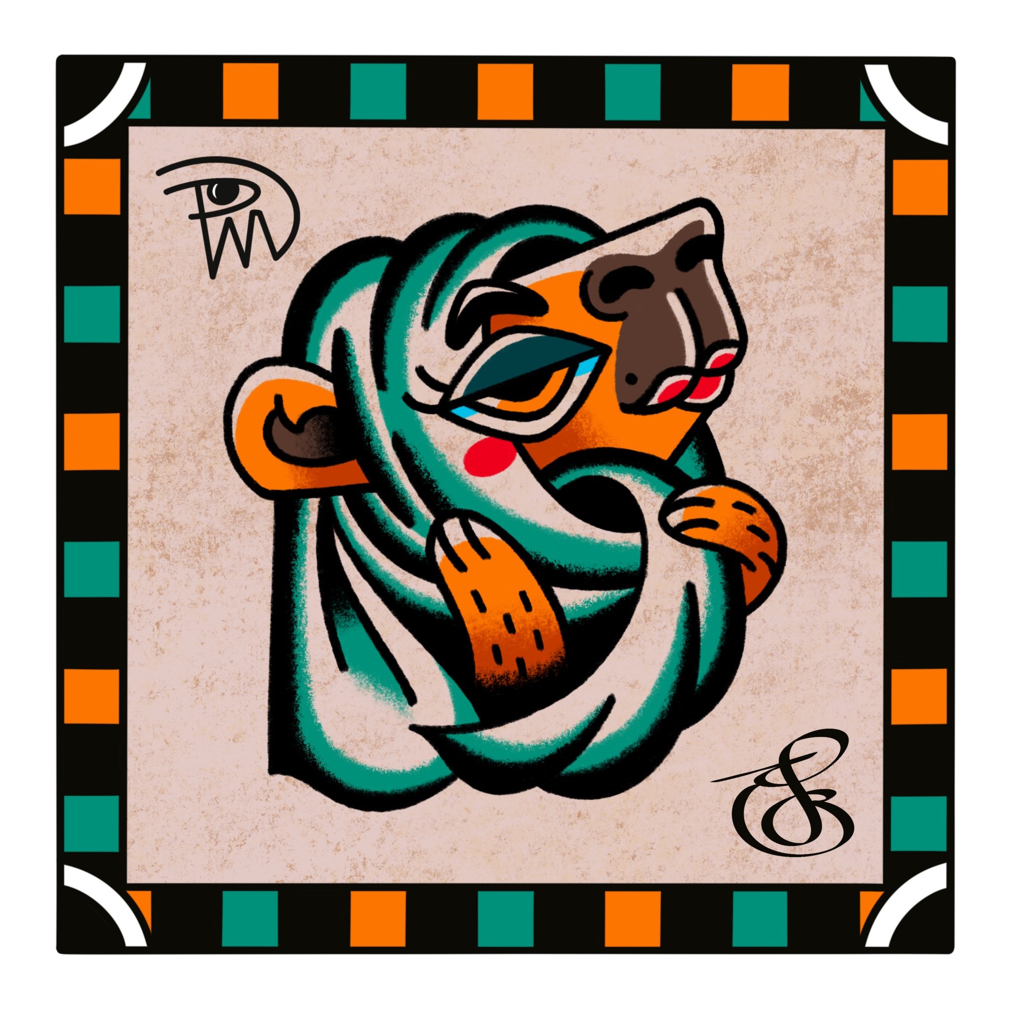Colorful abstract artwork with swirling lines resembling a face, framed with a border of orange, teal, and white squares.