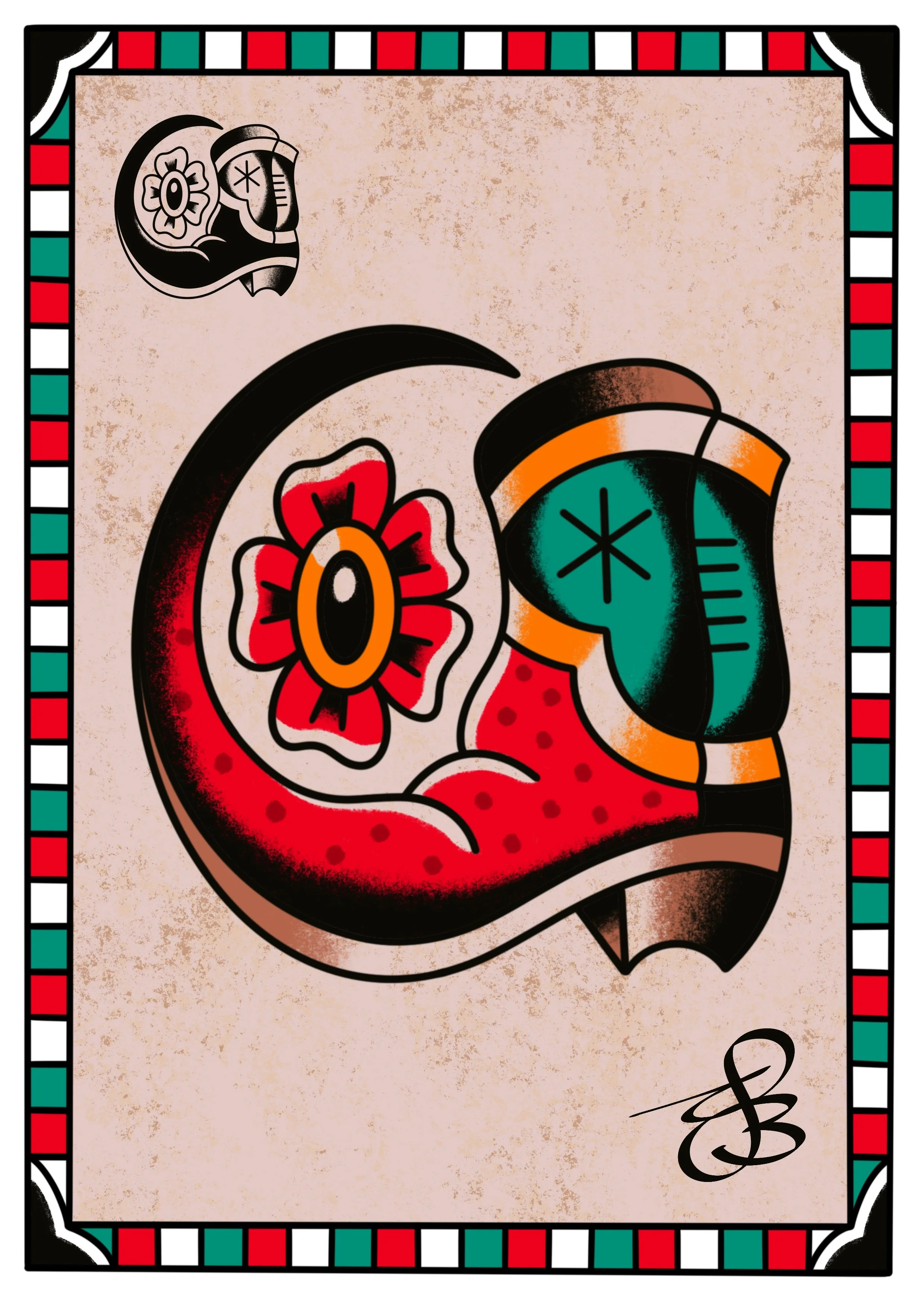 A stylized drawing of a heart with a flower inside it and a bandage across it on a beige background, decorated with a colorful border of red, white, and green squares.