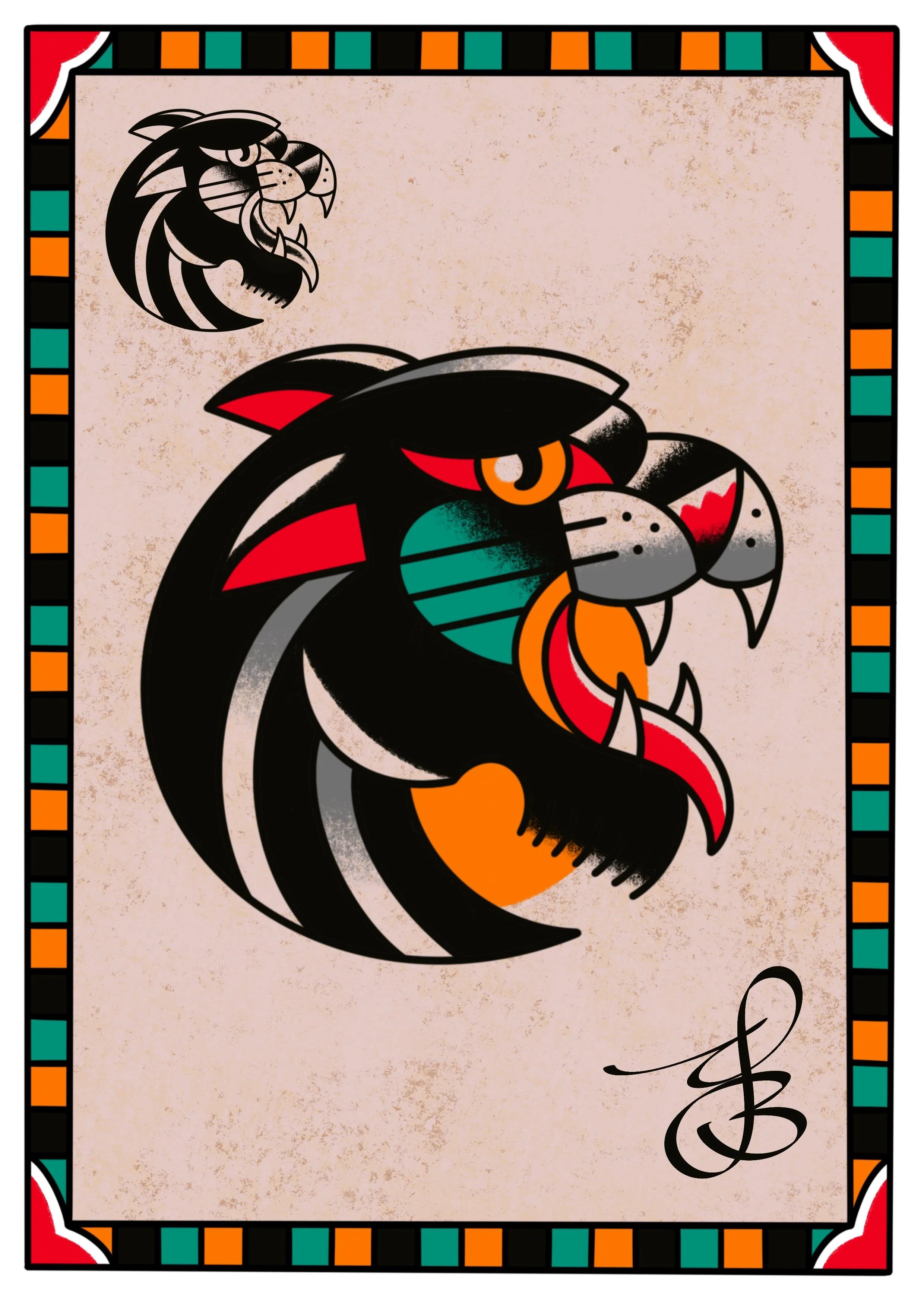 A tattoo-style artwork of a black and red lion's head with a fierce expression, surrounded by a colorful, patterned border on a light textured background.