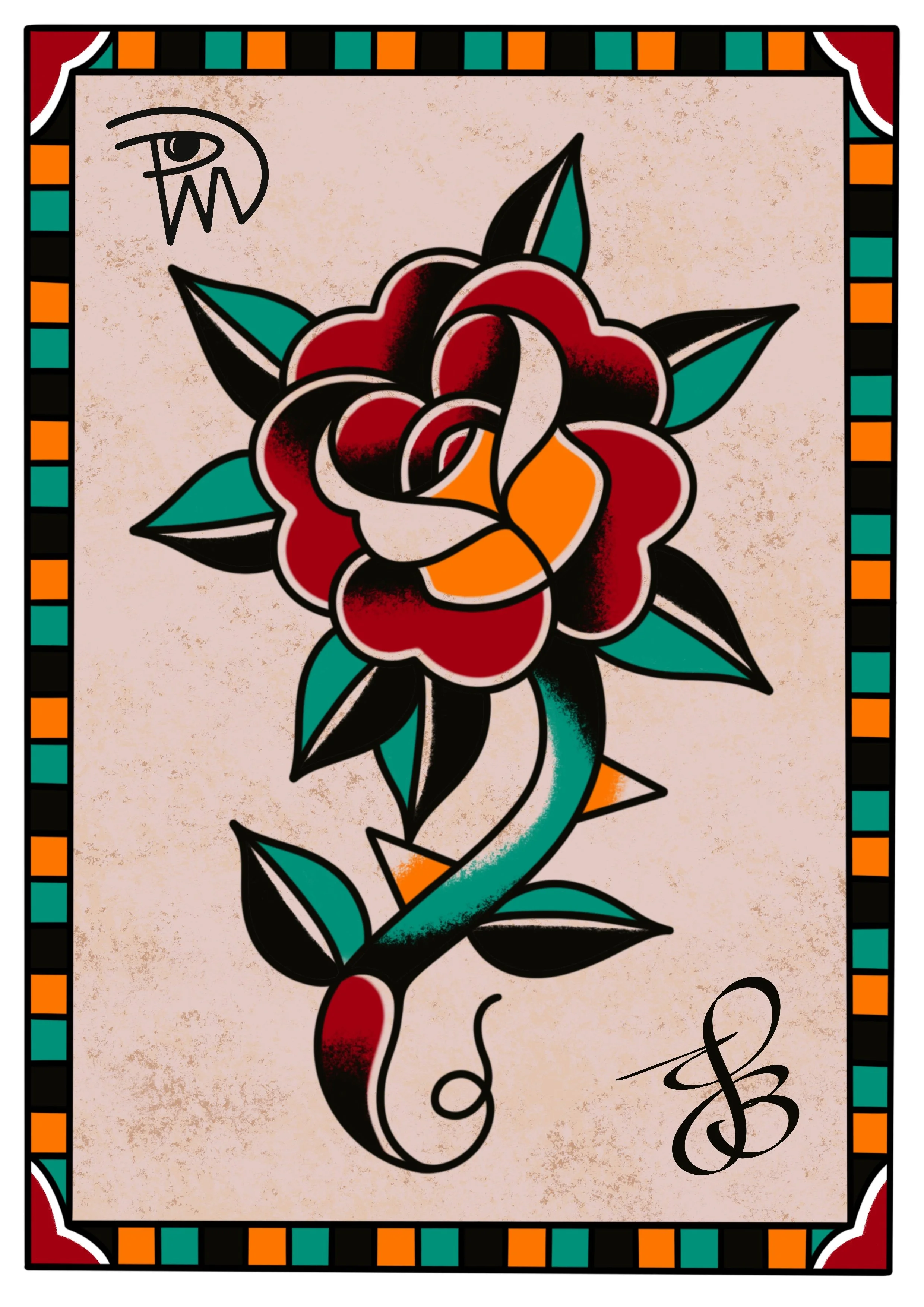 A traditional tattoo-style design featuring a red and black rose with green leaves, a swirl, and musical notes, framed by a colorful border with orange, black, and turquoise checkered pattern.