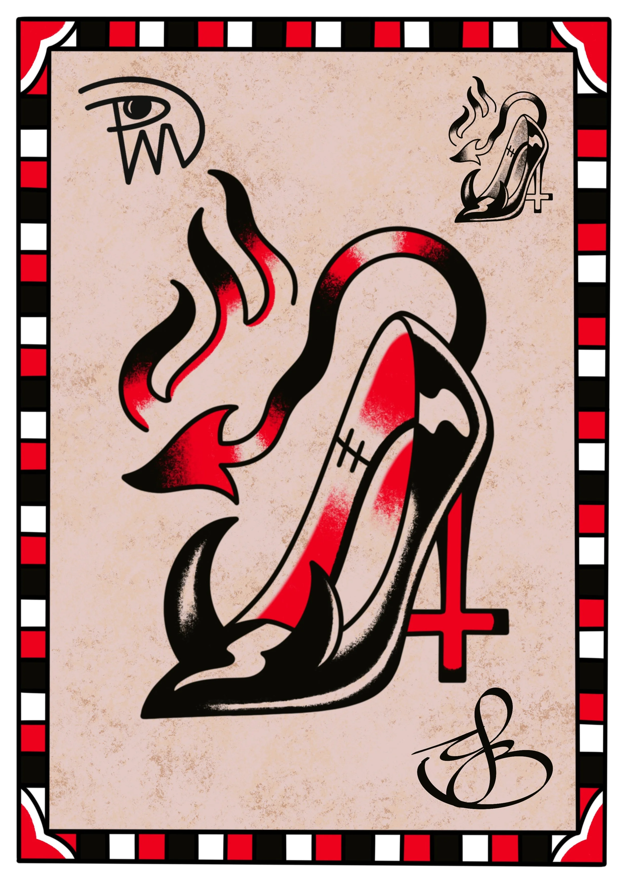 Decorative tarot card with black and red border, featuring an abstract demon-like figure with flames and a pentagram, and stylized handwritten initials 'S B'.