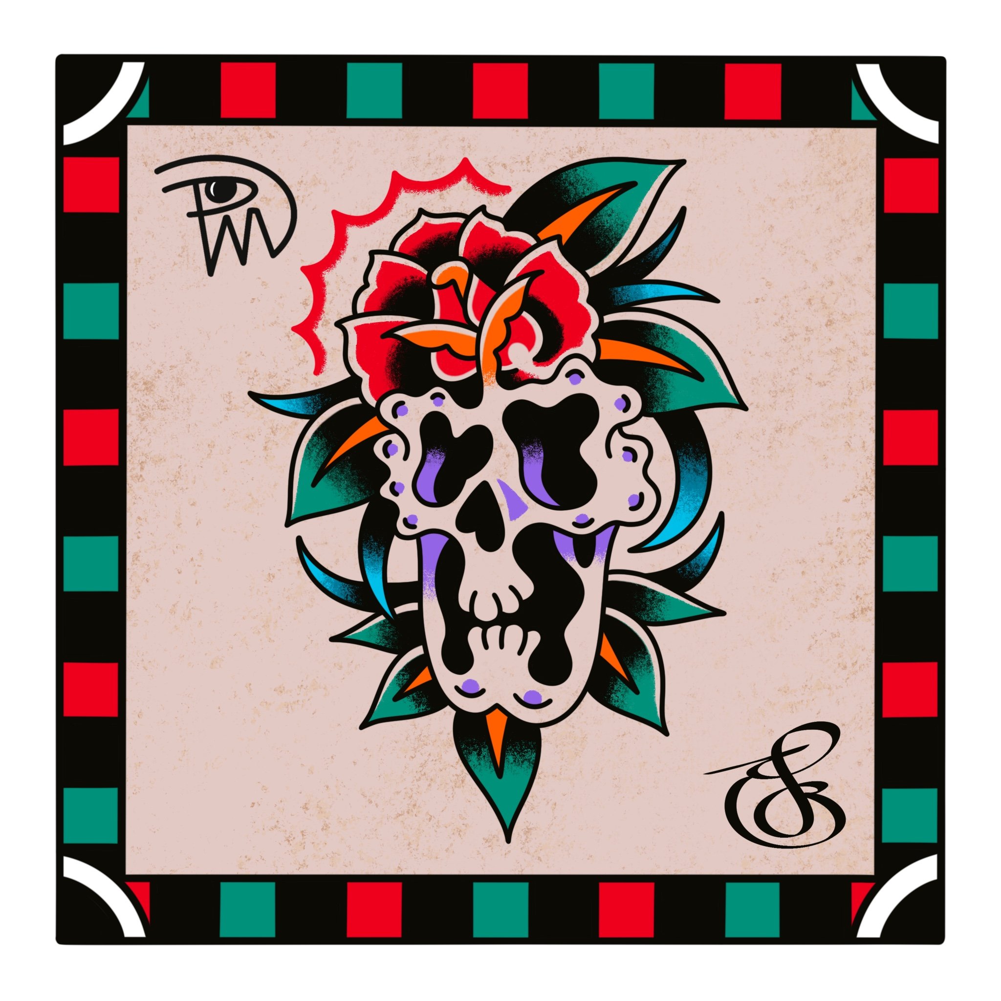 A colorful tattoo-style design featuring a skull with a flower and leaves, surrounded by a decorative border with red, green, black, and white geometric patterns.