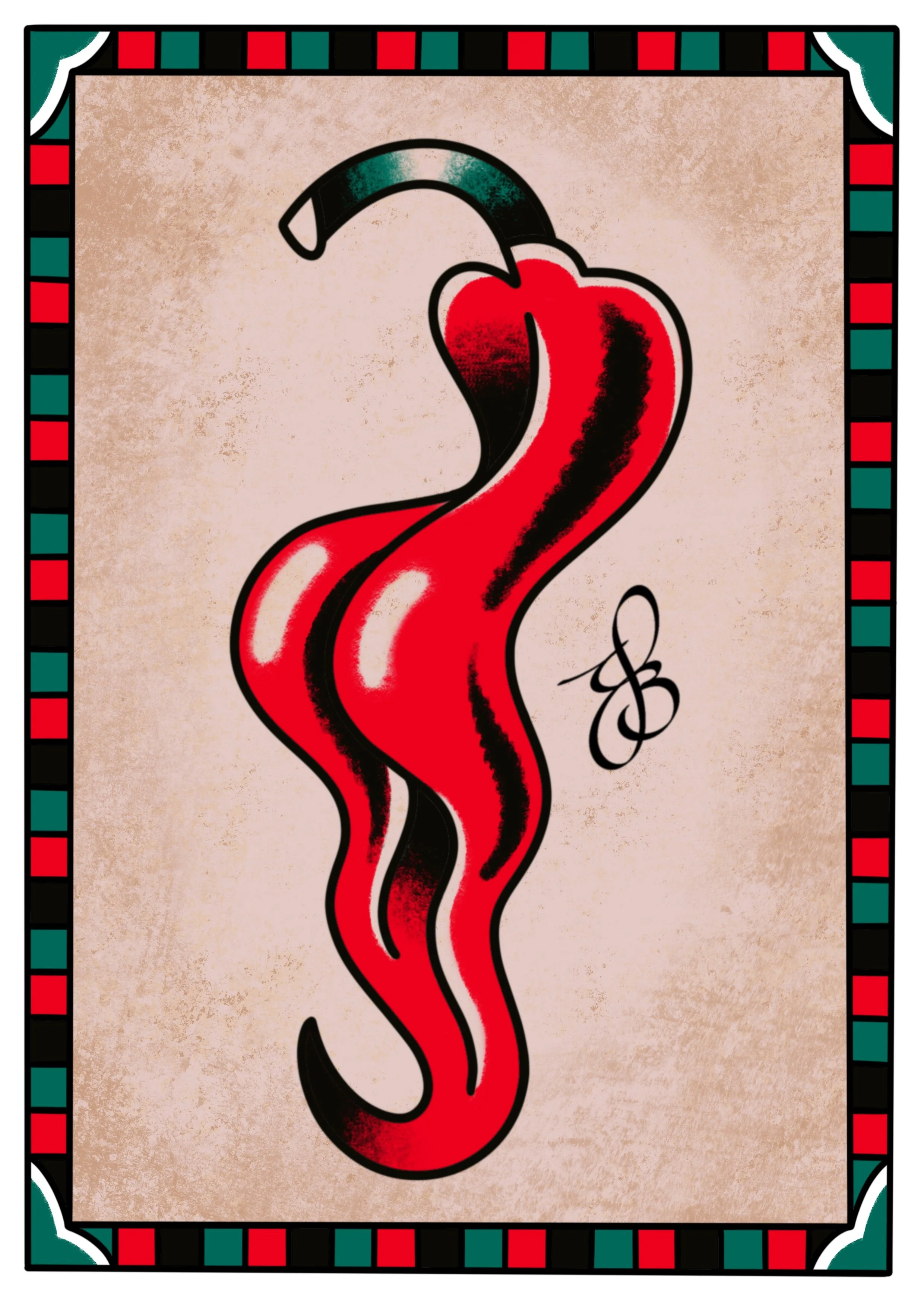 A red chili pepper with a black stem, stylized in a bold, graphic style, on a textured beige background. The image is framed with a decorative border of alternating red, green, and black squares.