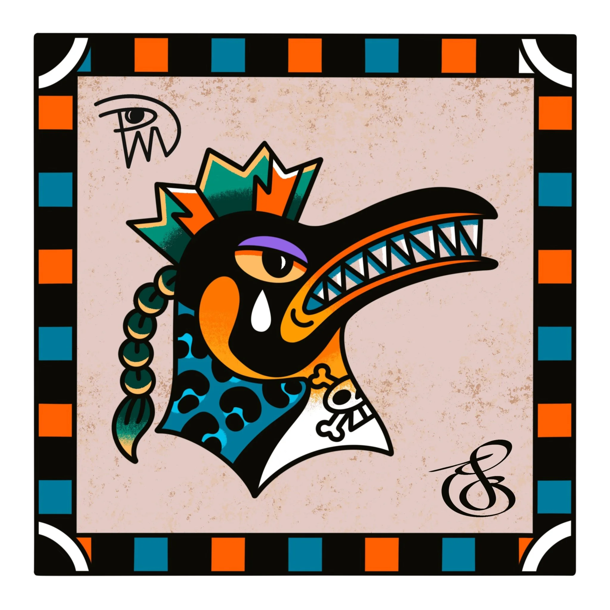 A colorful cartoon-style illustration of a stylized bird with an exaggerated beak and eye, decorated with feathers in orange, teal, and purple, set against a pink background with a black, orange, and blue checkered border.