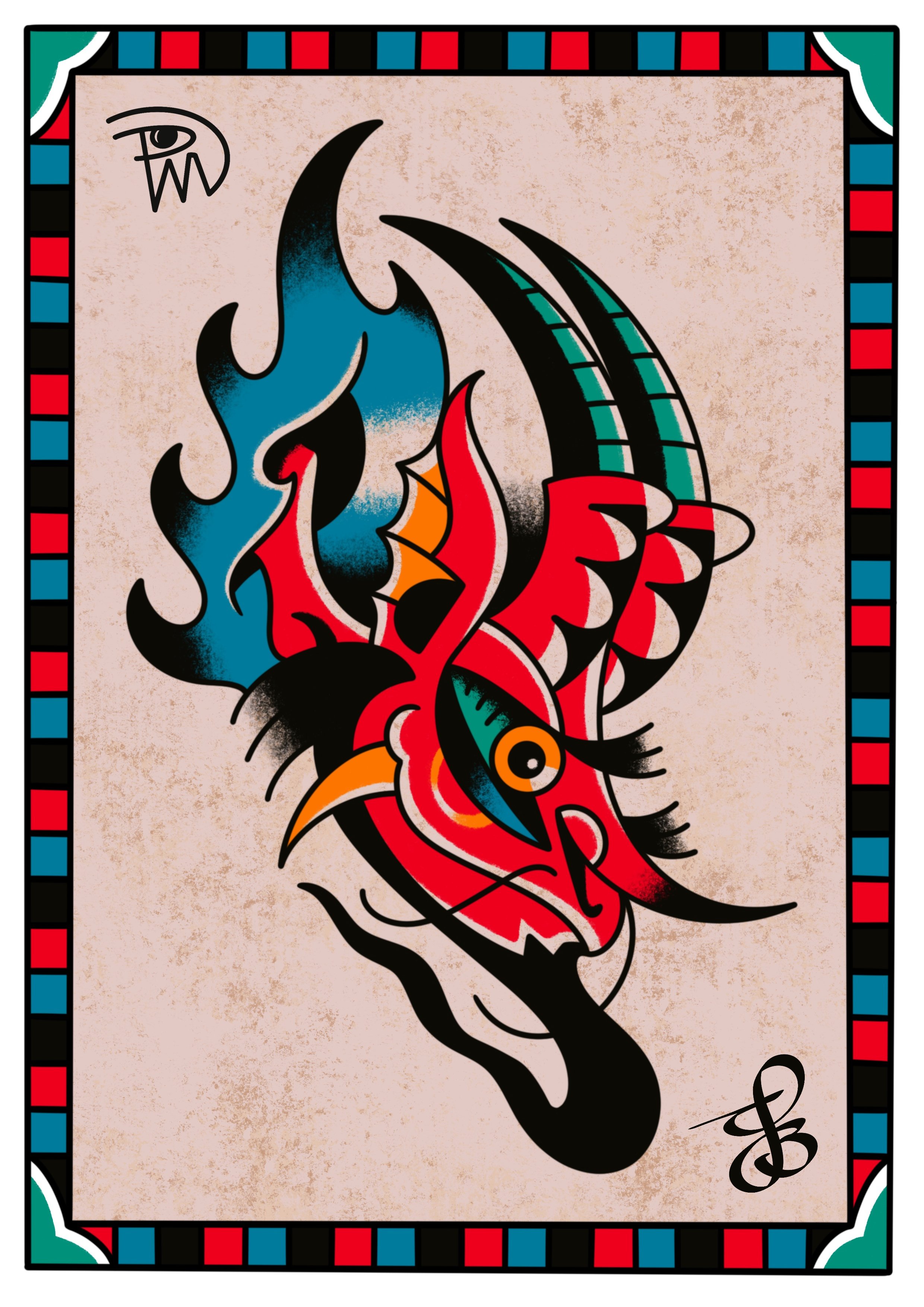 Tattoo-style illustration of a hand holding a stylized flame with musical symbols, set against a textured beige background with a colorful checkered border.
