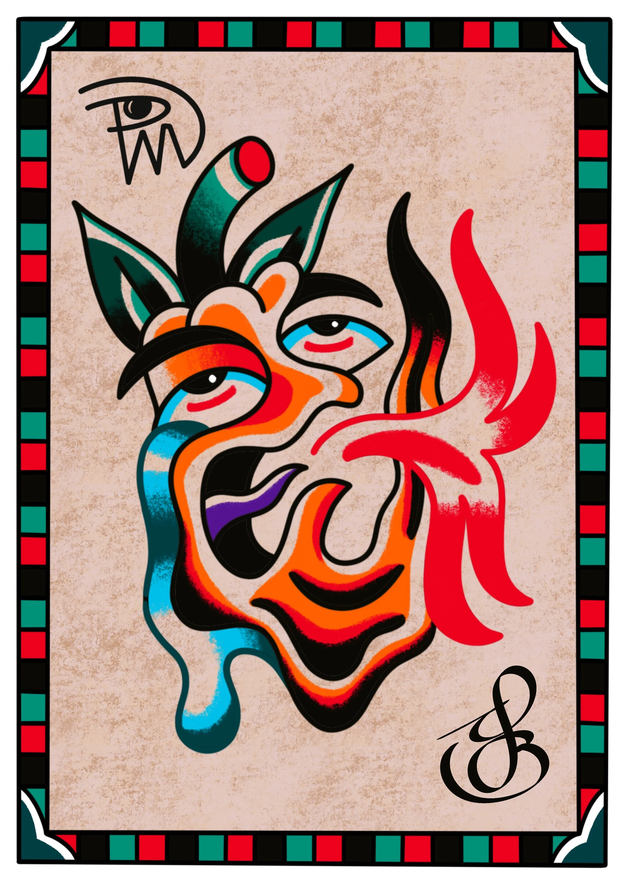 A colorful abstract artwork of a stylized face with flowing shapes in blue, orange, black, red, green, and purple on a beige background, framed with a checkered border in red, green, black, and white.