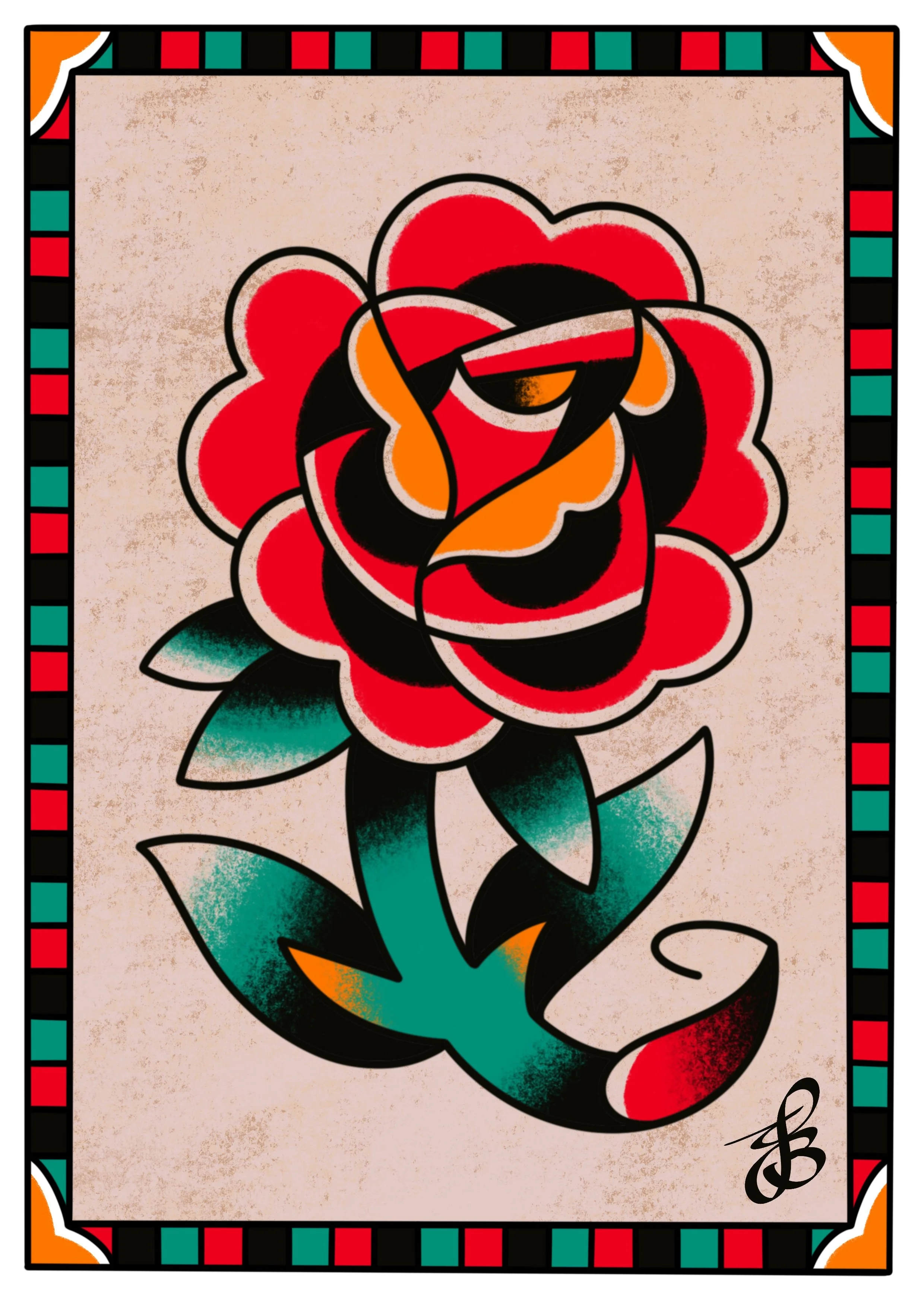 A traditional tattoo style illustration of a rose with red petals, green leaves, and black outlines, on a beige textured background, bordered by a colorful geometric frame.