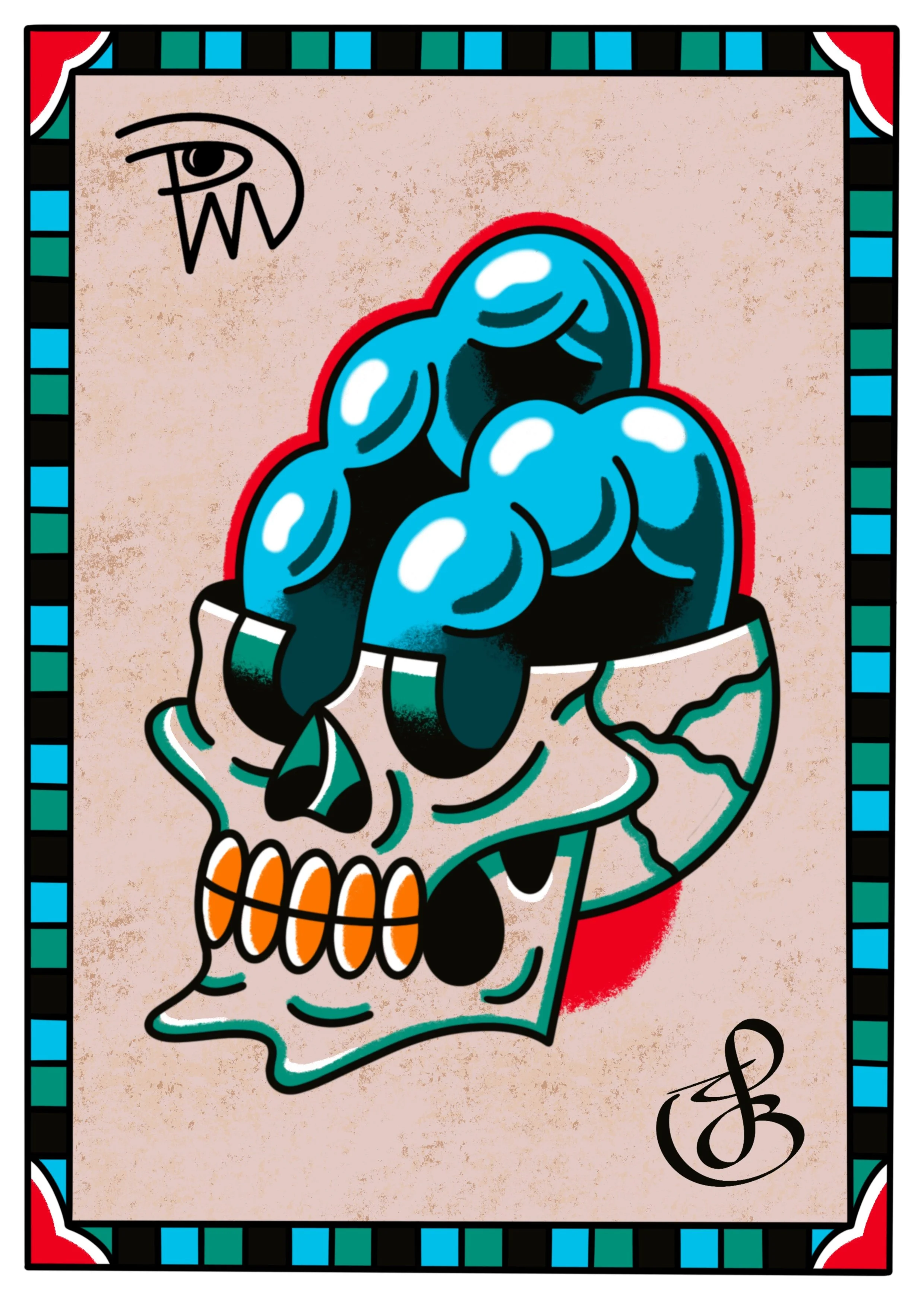 A colorful illustration of a stylized skull with a blue top, black eye sockets, and teeth, set against a beige background with a decorative border of teal, black, and red. There is a black signature or logo in the bottom right corner.
