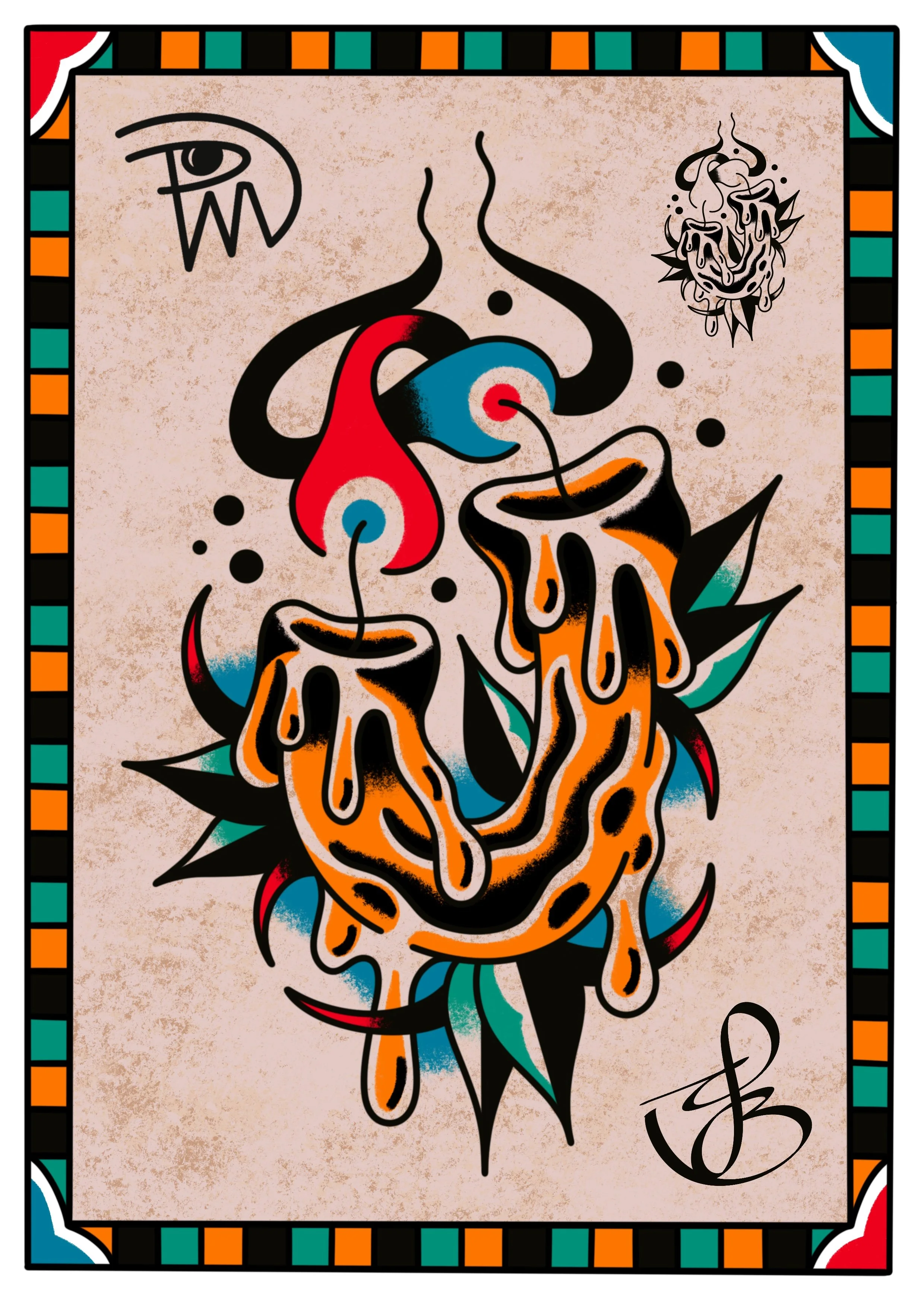 Abstract tattoo-style artwork of a skull with flames in orange, black, red, blue, and teal colors, surrounded by a geometric colorful border.