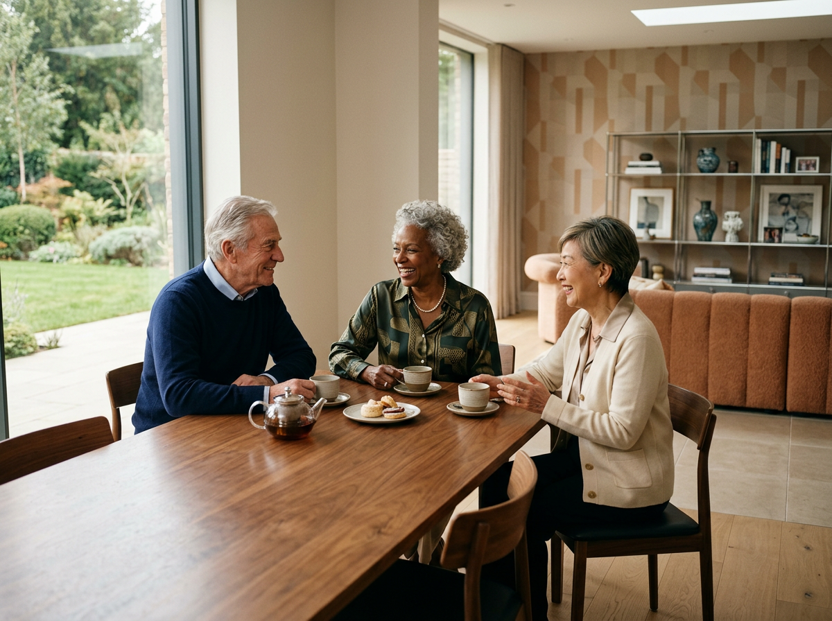 Drie oudere mensen zitten samen aan een houten eettafel binnen en hebben een gesprek. Ze lachen en drinken thee. Er staan ook wat koekjes op de tafel. Achter hen grote ramen met uitzicht op een tuin.
