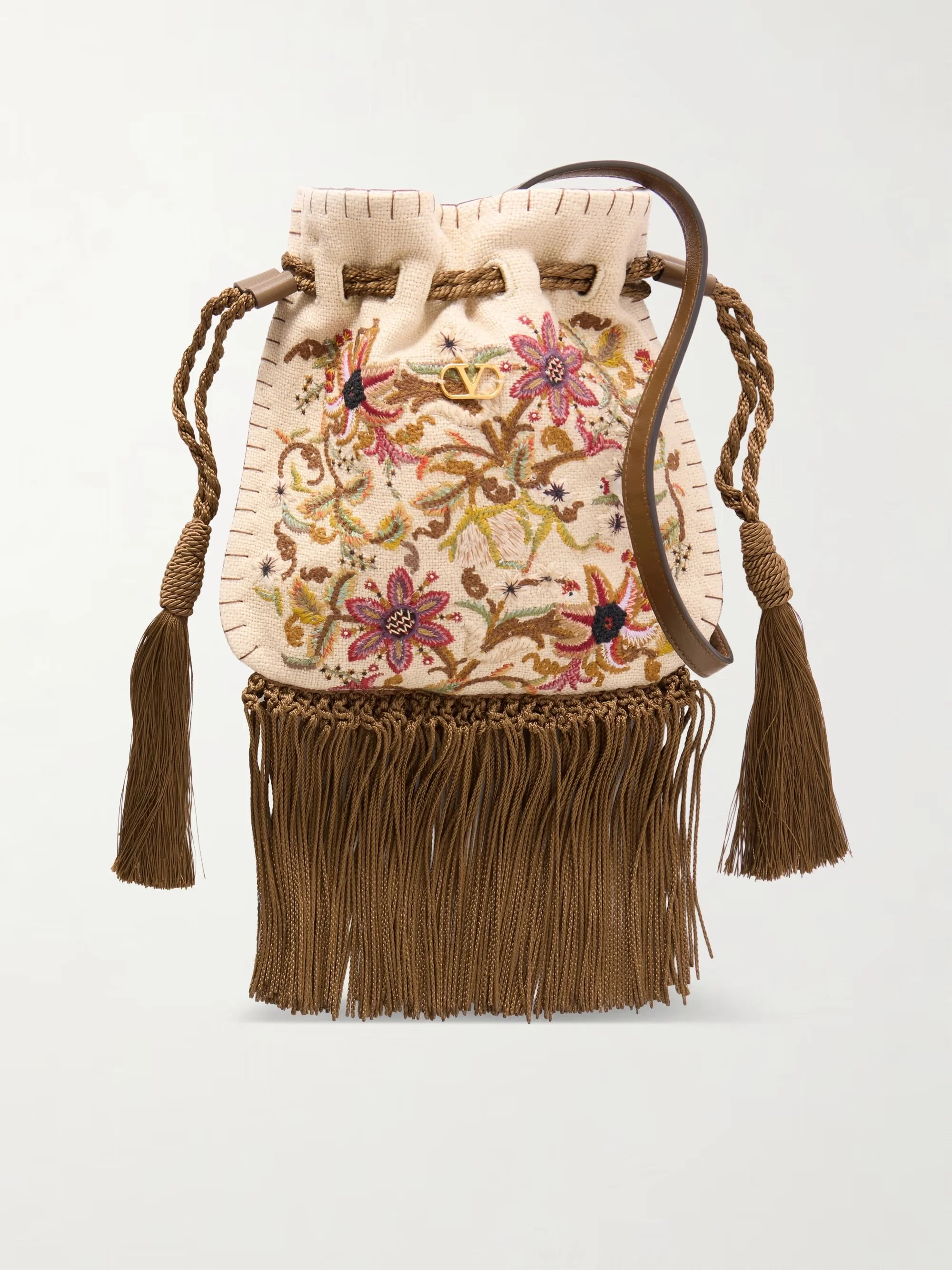 VALENTINO GARAVANI -  Embroidered fringed canvas drawstring shoulder bag