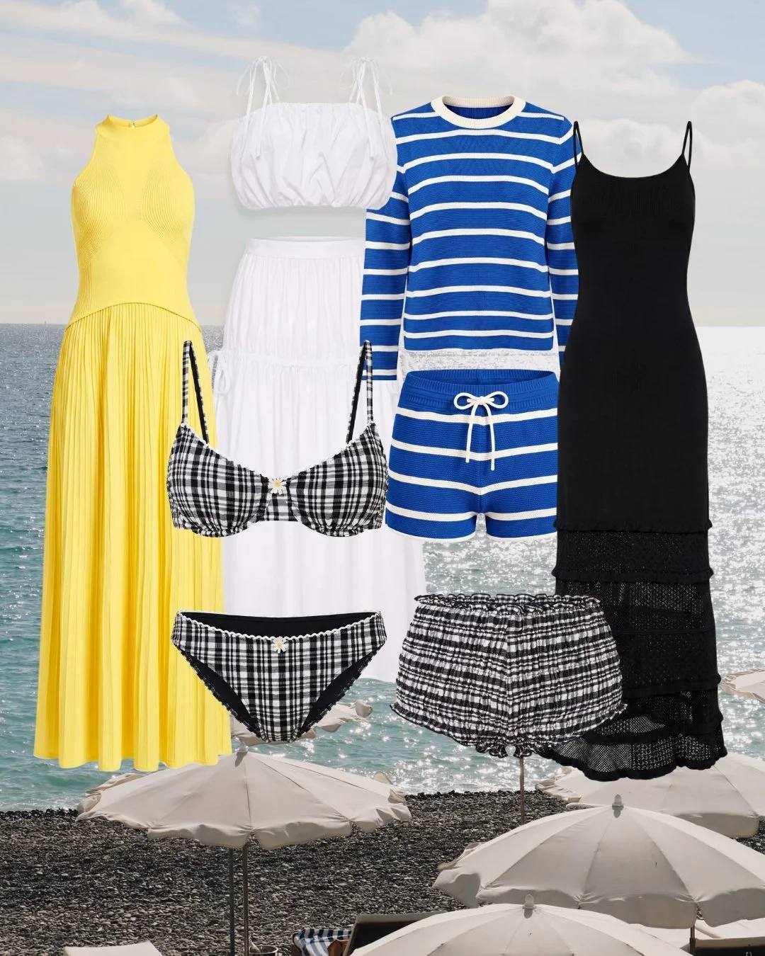 Various summer clothing items for women displayed against a beach background, including dresses, shorts, tank tops, a striped shirt, a black dress, and swimwear with umbrellas at the beach.