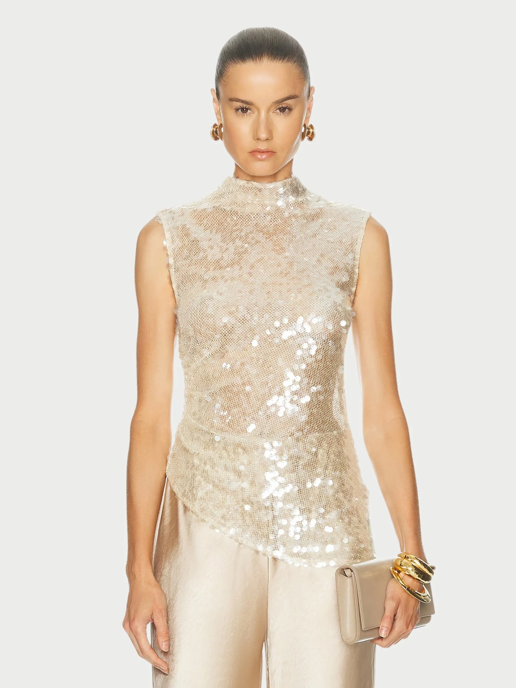 LAPOINTE - Mesh Sequin Mockneck Top