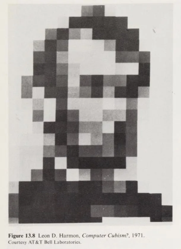 A pixelated, black-and-white image of Abraham Lincoln's portrait from the book 'Computer Cubism?' by Leon D. Harmon, 1971.