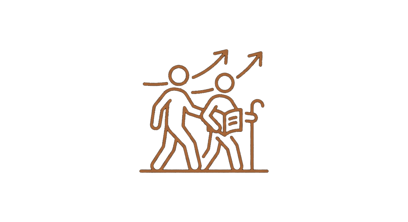 Minimal bronze line icon of two figures walking together symbolizing discipleship and spiritual growth.