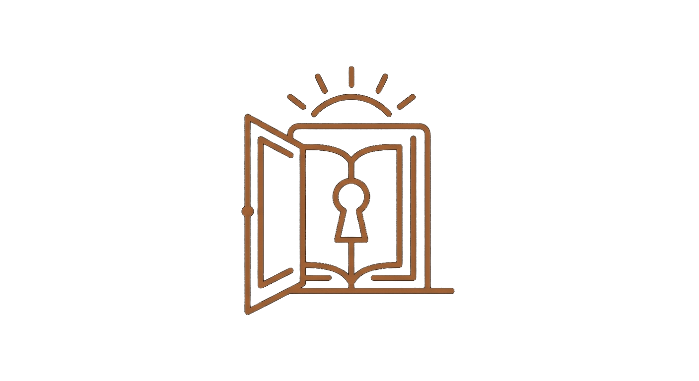 Minimal bronze line icon of an open door symbolizing hope, transformation, and prison ministry.