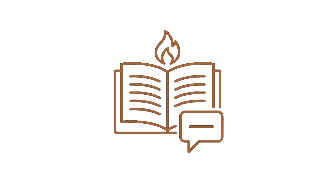 Minimal bronze line icon of an open Bible symbolizing evangelism and gospel proclamation.