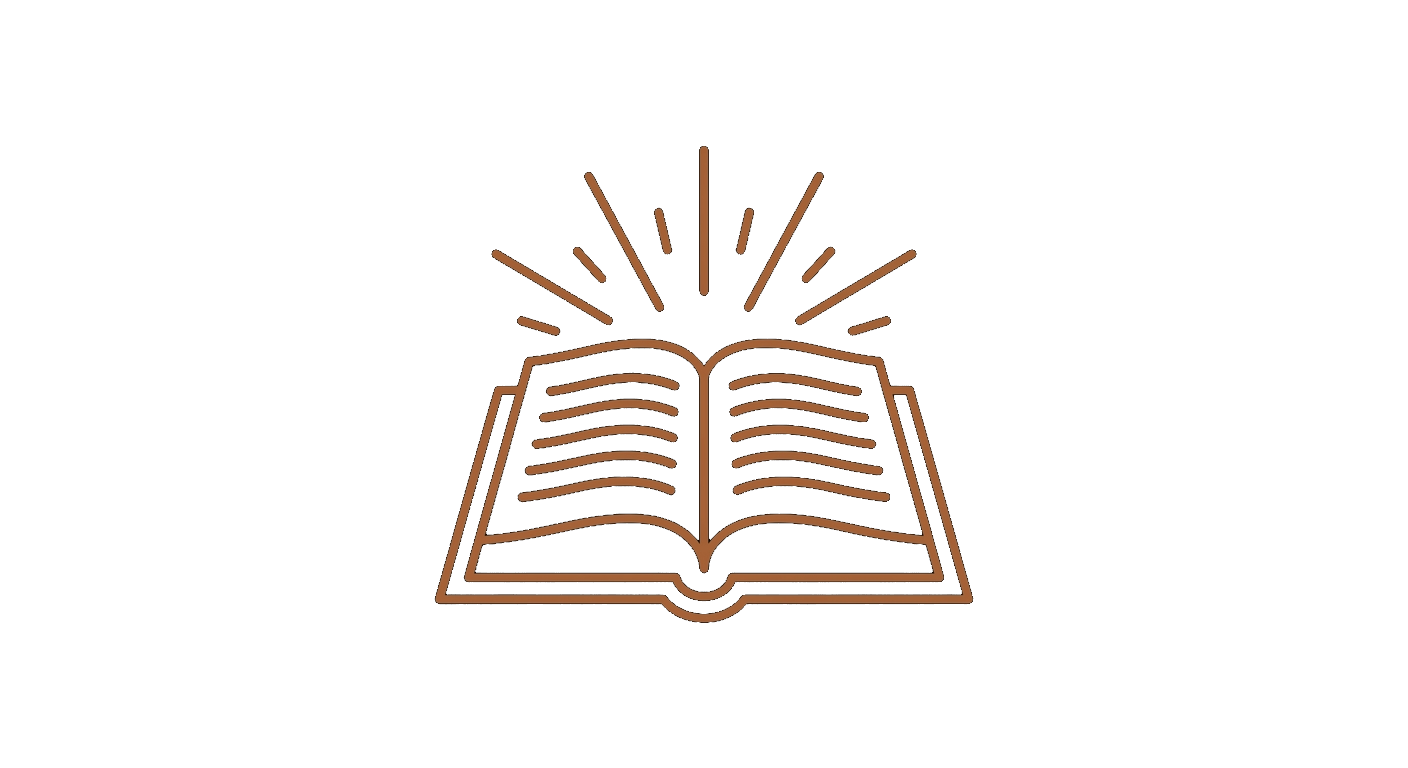 Minimal bronze line icon of an open book symbolizing biblical teaching and Scripture instruction.