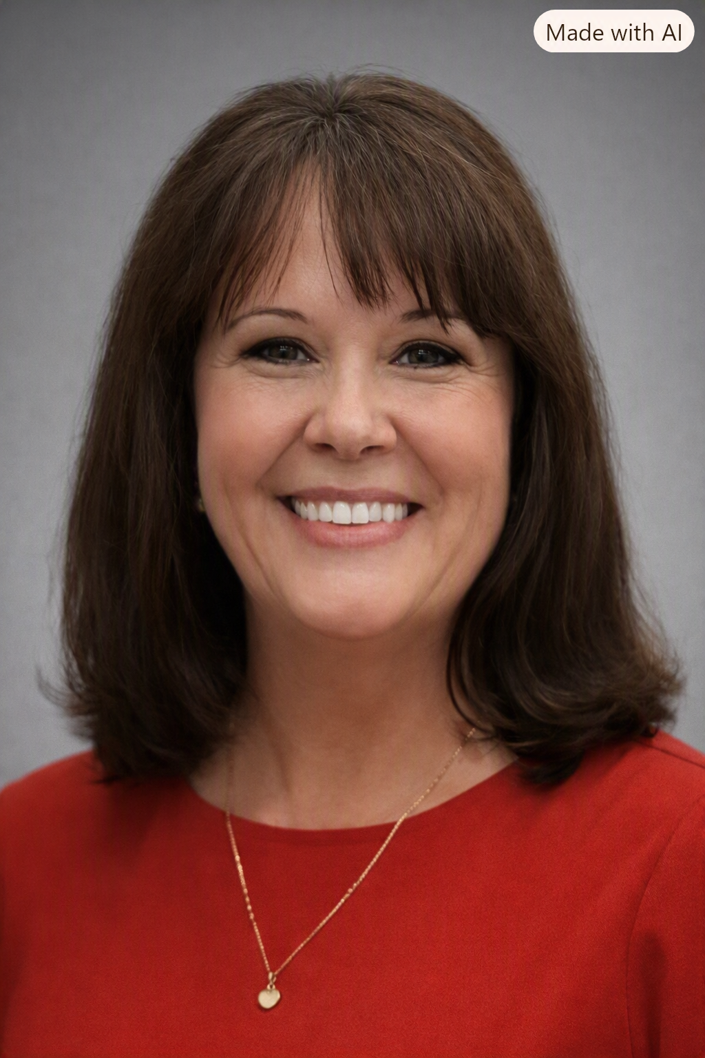 A woman with shoulder-length brown hair, smiling, wearing a red top and a gold necklace with a small heart pendant, against a gray background.