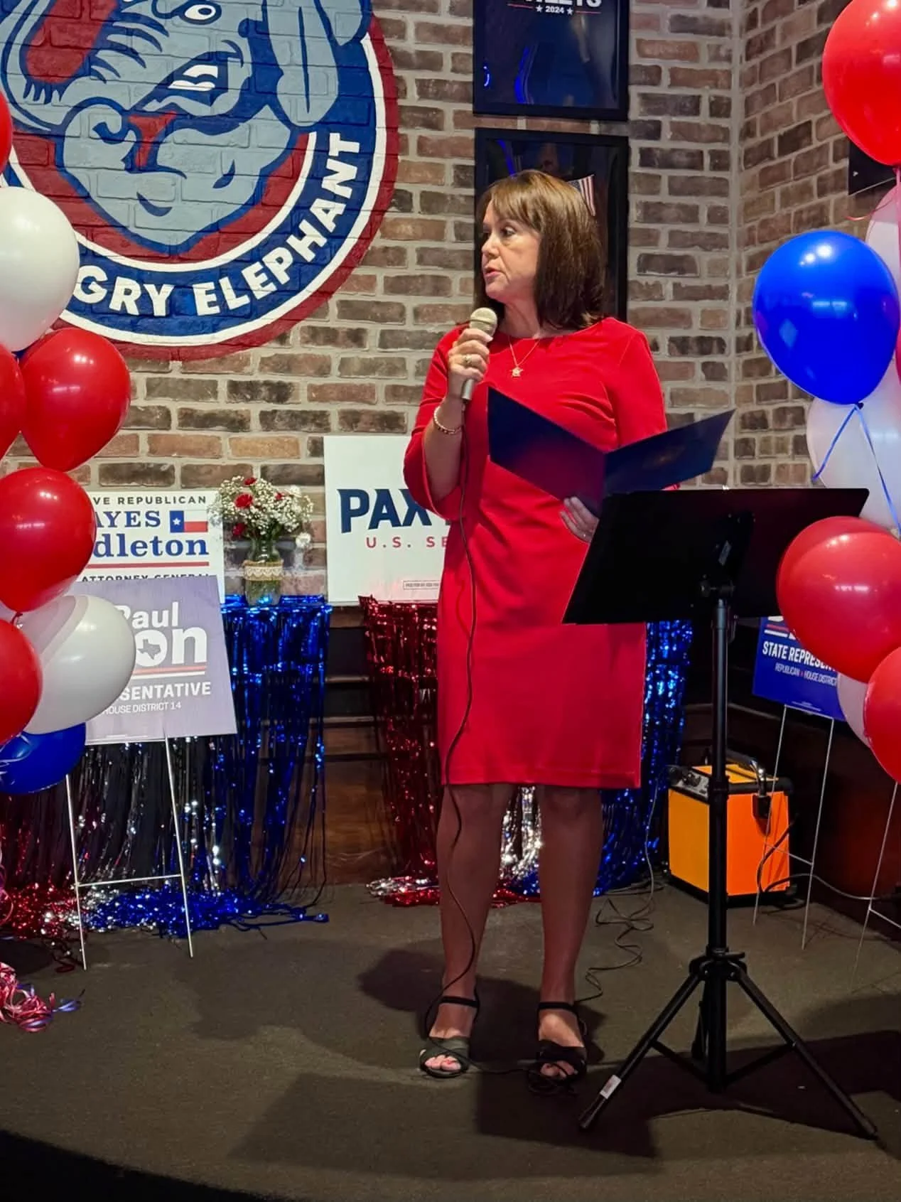 A woman in a red dress holding a microphone and reading from a folder on a stage decorated with balloons and red, white, and blue tinsel. Behind her are campaign signs and a large logo with the words 'Gry Elephants' on a brick wall.